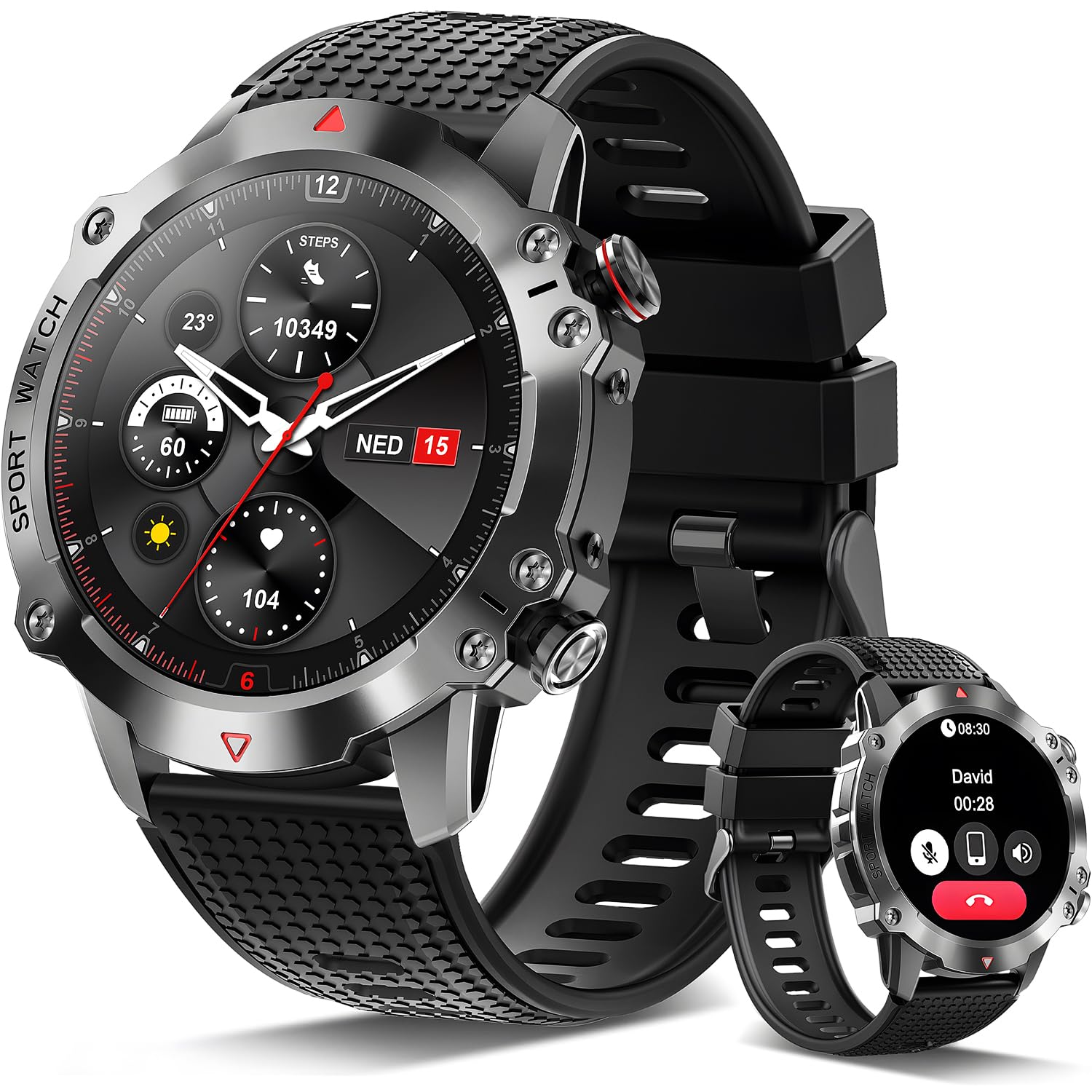 Reloj Inteligente Hombre,1.39" Militar Smartwatch con Llamadas Bluetooth, 100+ Modos Deportivos/SpO2/Pulsómetro/Sueño/Pulsera Actividad Android iOS