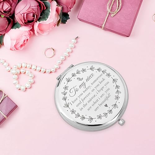 Miniatura 3 de LRUIOMVE Regalo de sobrina de tía tío espejo de maquillaje de viaje grabado con diseño de plata inspirador espejo cosmético de bolsillo compacto