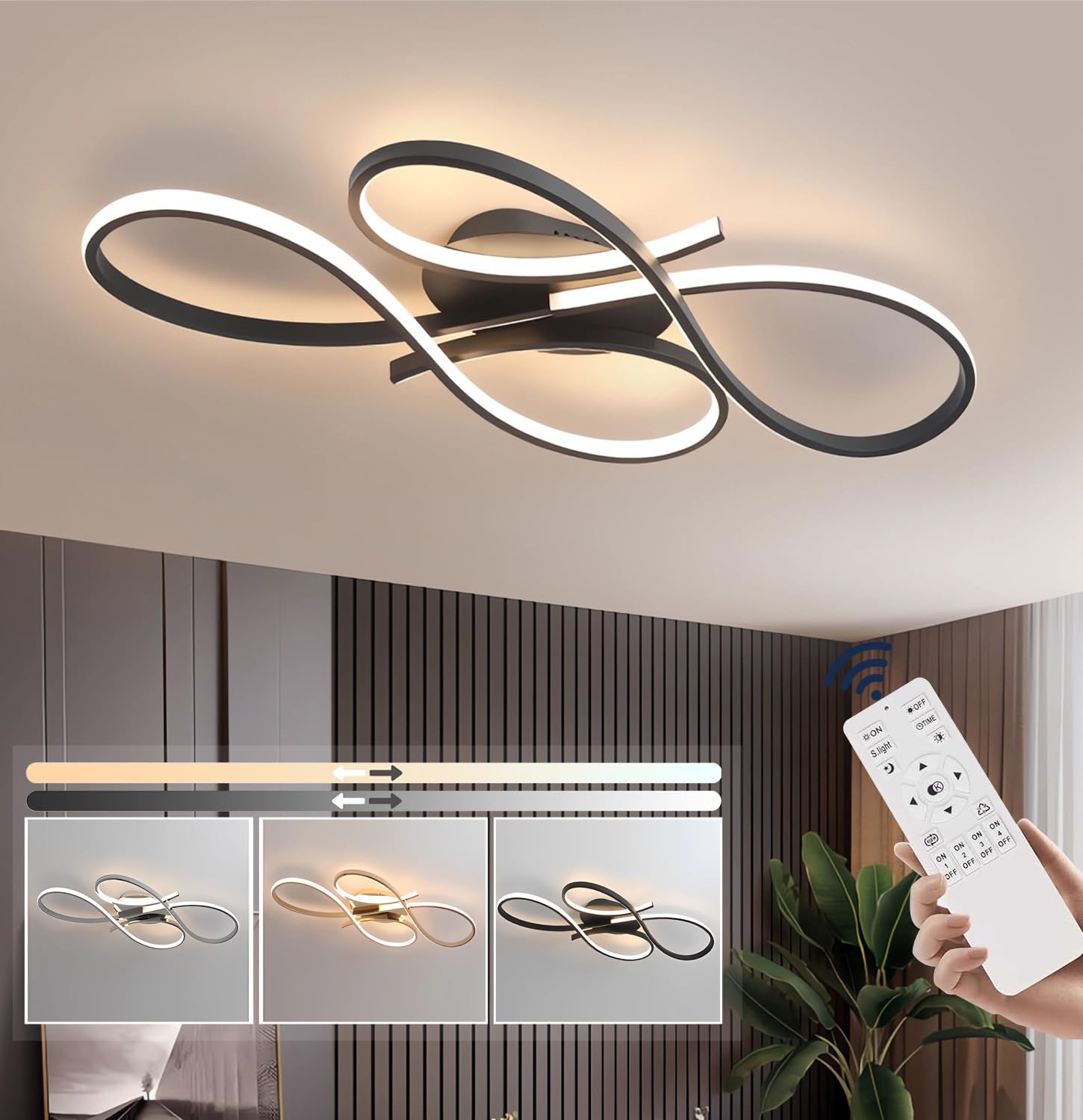 Nowoczesna lampa sufitowa LED Ściemnialne lampy sufitowe z pilotem lampy sufitowe do salonu Kreatywne oświetlenie sufitowe Lampa wisząca jadalni sypialni Lampy kuchenne (Czarny L80cm)