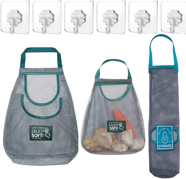 Hanging Produce Bag,3Pcs Eco Friendly Vegetable Storage Bags Reusable Grocery mesh Bags with 3pcs Hooks for Onions,Potatoes,Vegetable,Fruit and Miscellaneous