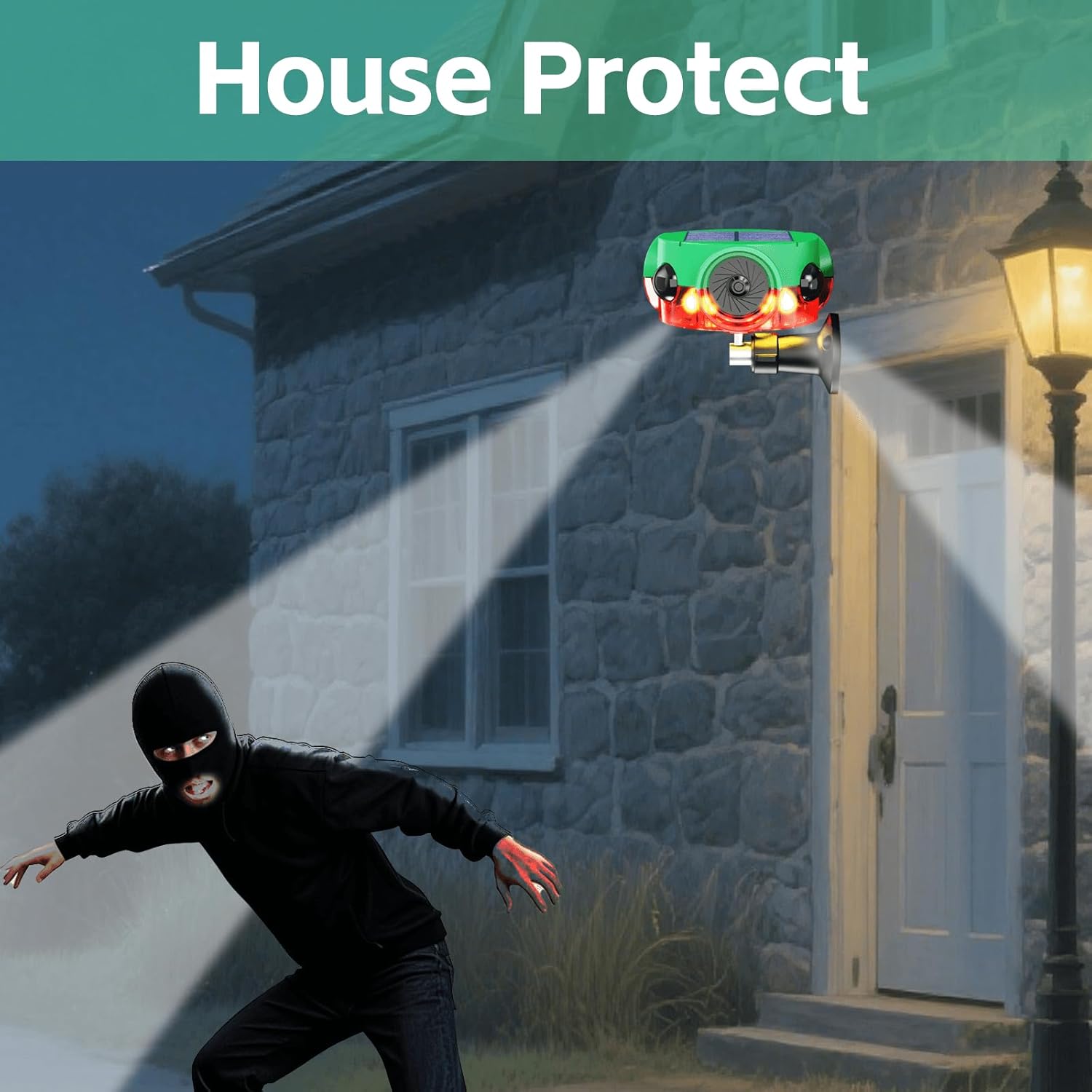 Solar Outdoor Motion Sensor Alarm,360° Motion Detector,Dog Barking ＆Gunshot, Support Recording,3 * 120db Loud Noise Maker,14 Sounds and Strobe Light to Deter Bear, Raccoon,Deer,Coyote (1)