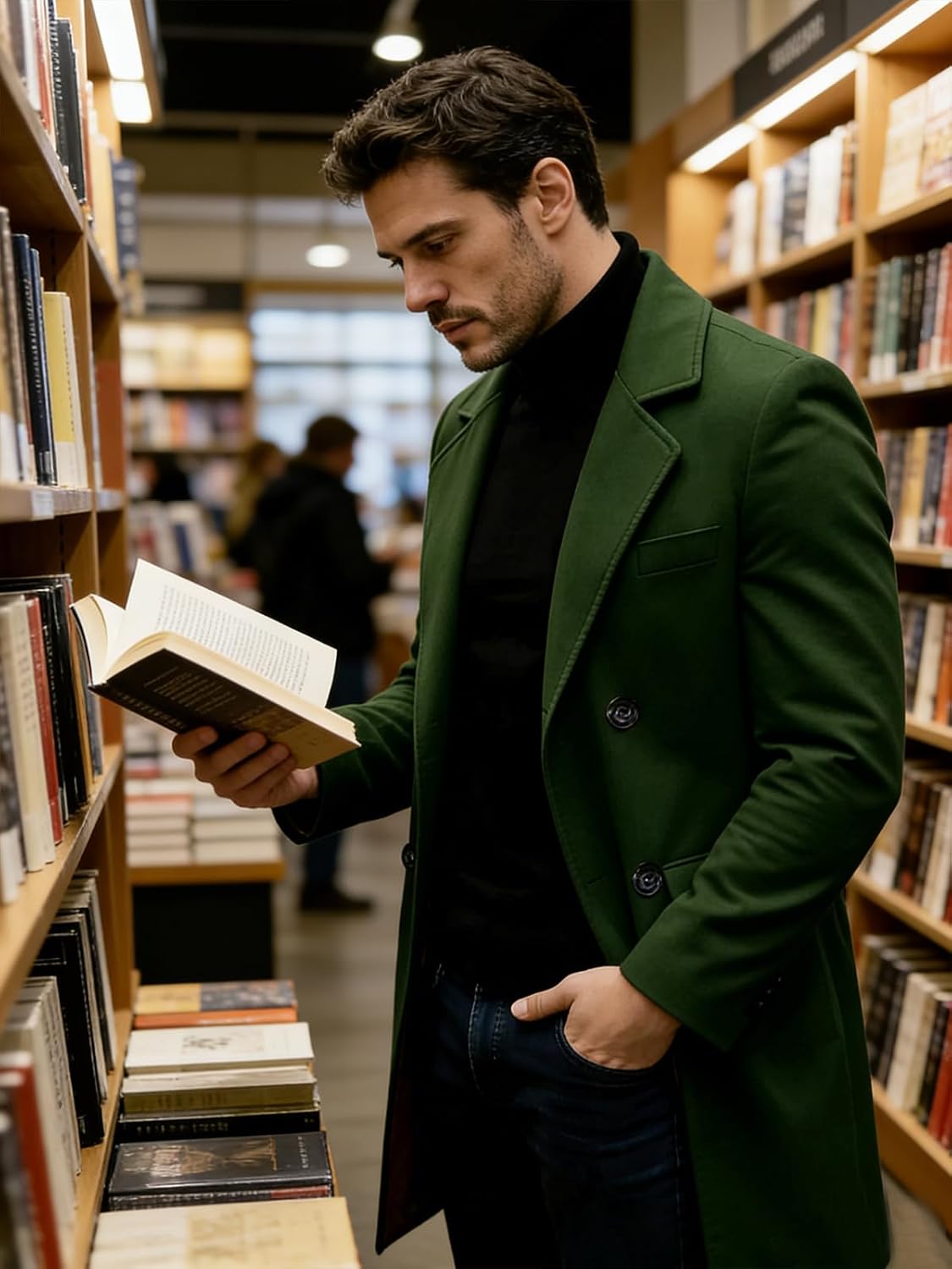 Mens Coat Wool Blend Trench Coats Double-breasted Overcoat Jacket Slim Fit Mid Long Peacoat Business Work Coat Jacket