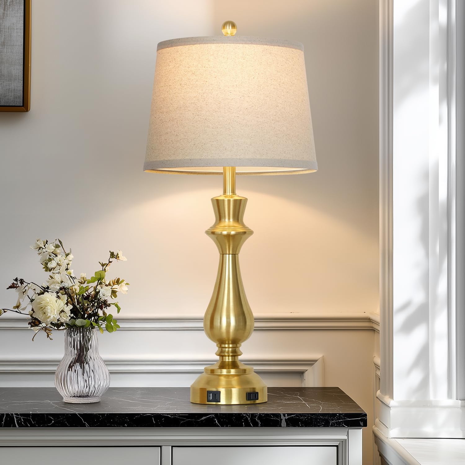 Modern Gold Table Lamp for Living Room,30" Tall Bedside Lamp with USB Charging Port,3-Way Dimmable Touch Nightstand Lamp for Bedroom Desk Side Table Office,Gold-1P