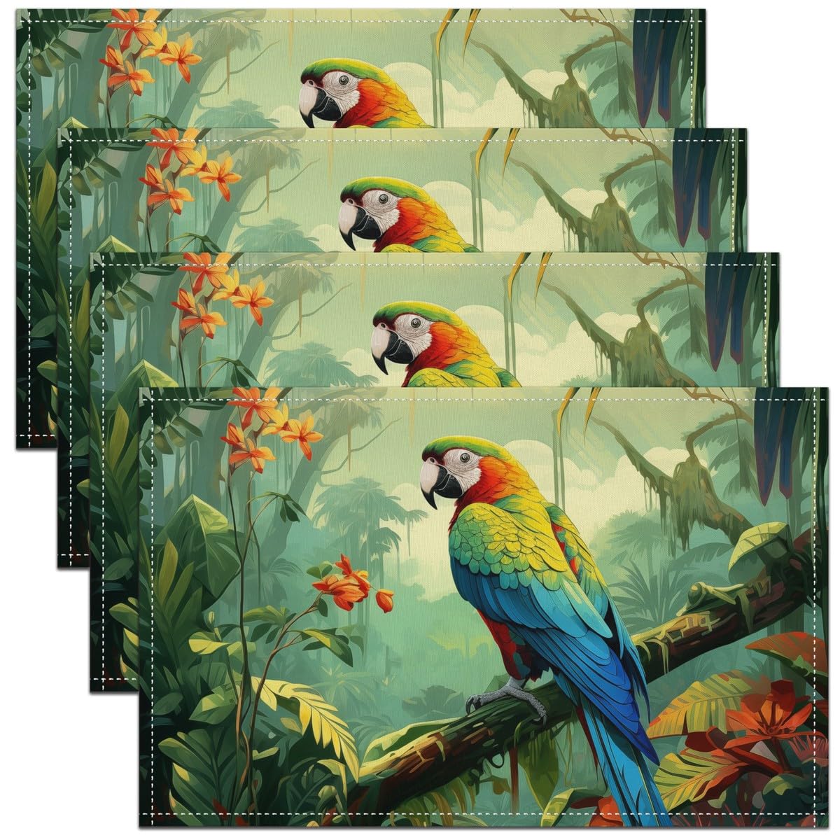 Kinder 3D Papagei Tischmatten 45Bx30L, Regenbogen Vogel Tischsets, Grüne Palmenblatt Baum Platzmatten, Nette Lustige Haustier Tier wasserdichte Tischsets für Küchentisch,Öl Beweis Waschbar