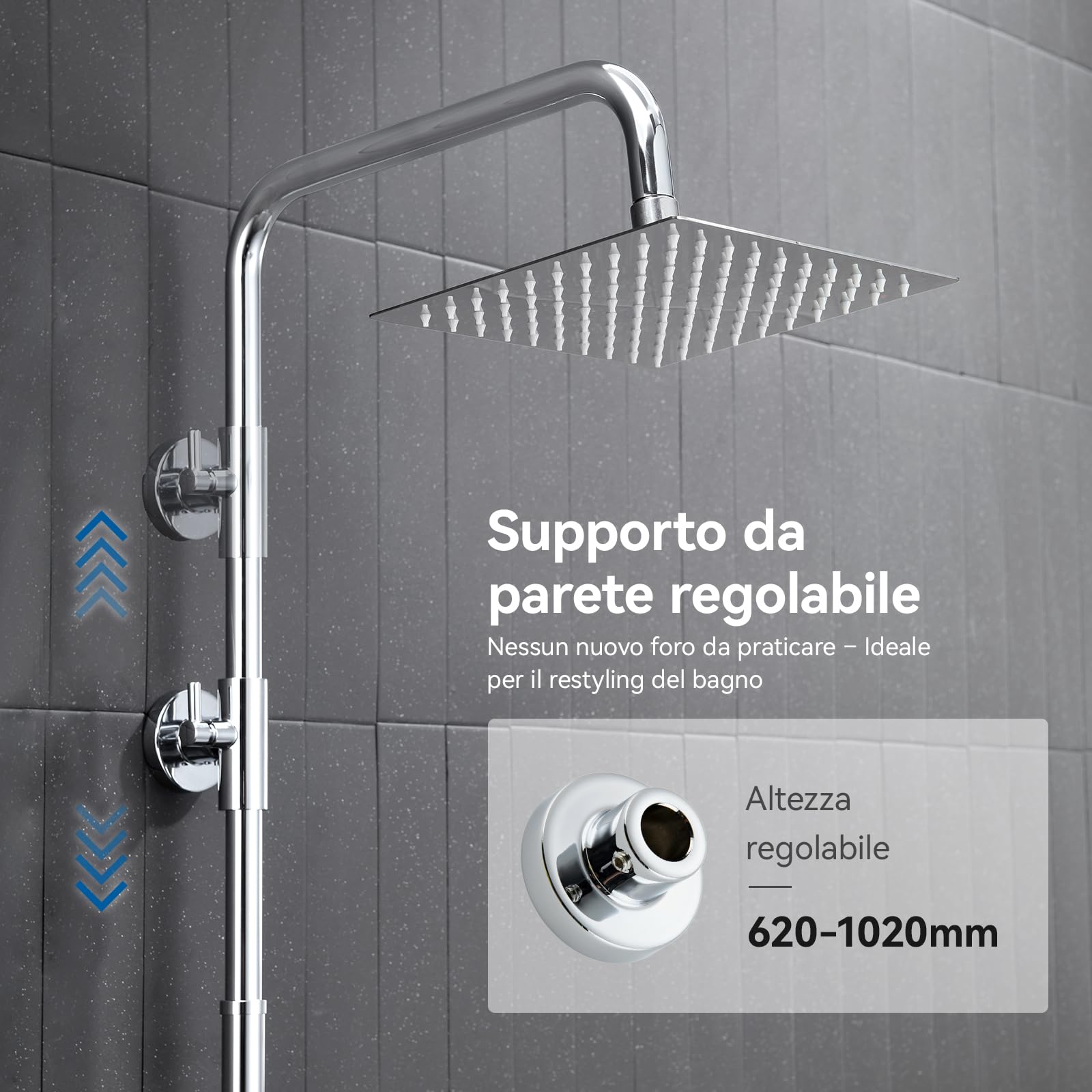 Auralum Colonna Doccia senza Miscelatore, Colonna Doccia Acciaio Inox con Saliscendi Doccia Altezza Regolabile 72-110cm, Asta Doccia con Soffione e Doccetta, Ideal Standard Gruppo Doccia per Vasca