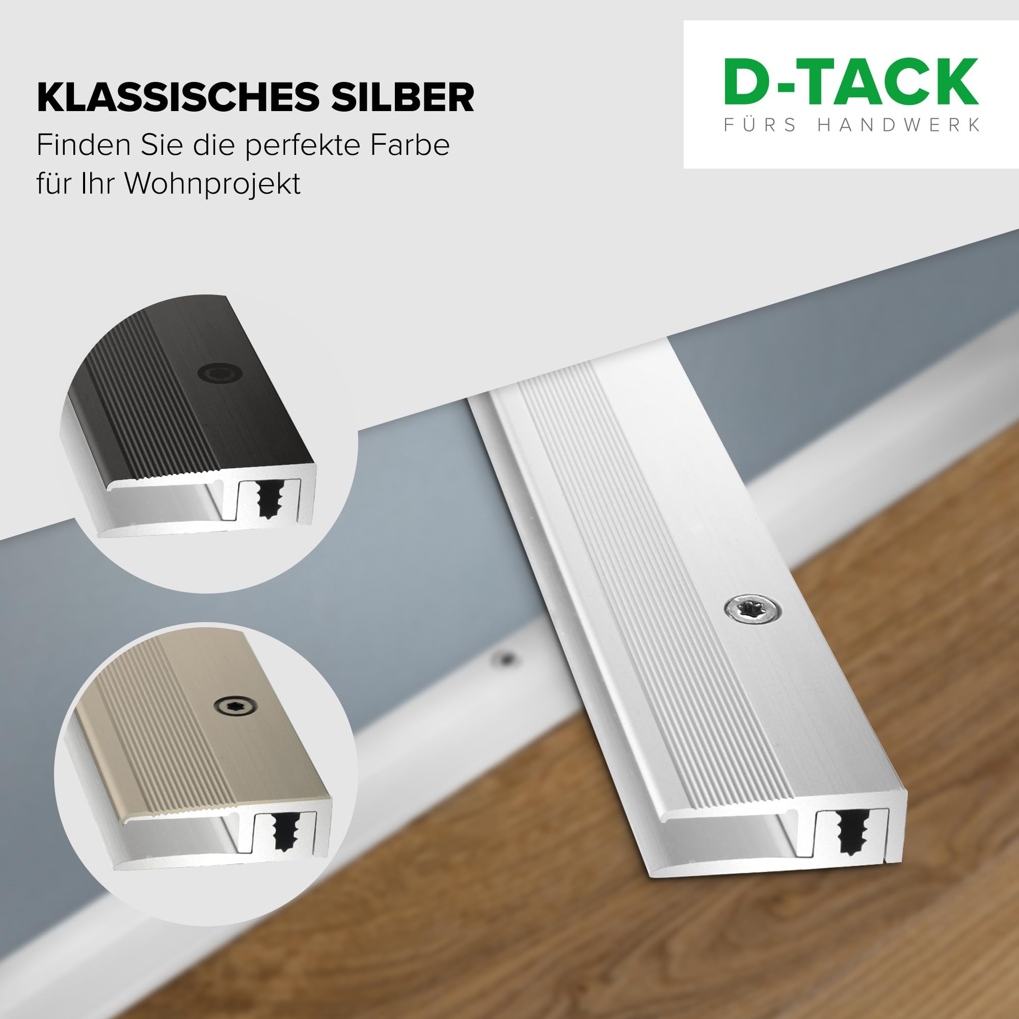 D-TACK Abschlussprofil zum Schrauben inkl. Schrauben & Dübeln | Aluminium-Bodenleiste | Breite 21 mm | Länge 1 m | Belagsstärke von 5 bis 9 mm | Endschiene für Vinyl- / Design- / Textilböden | Silber