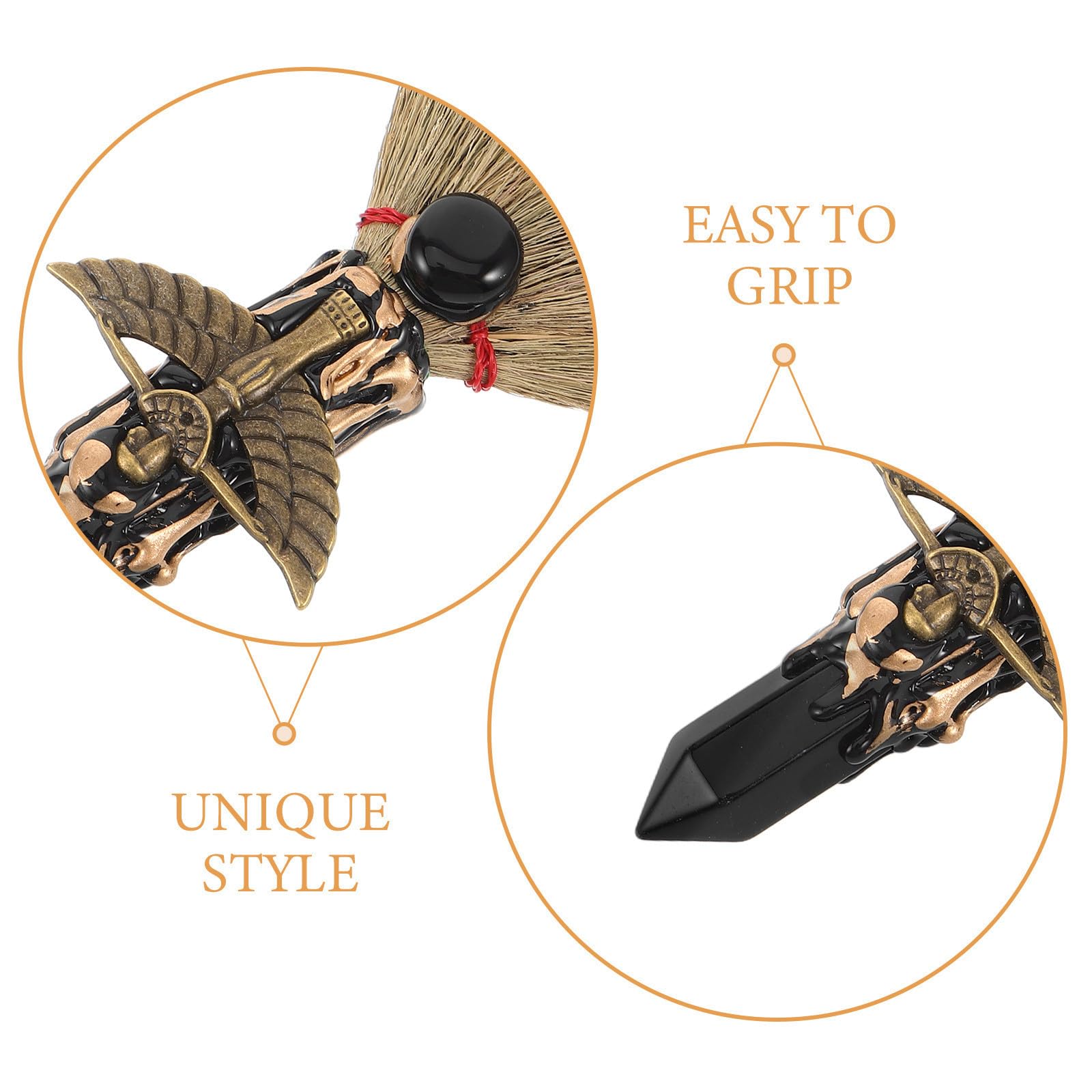 SEWACC 4 Piezas Escoba de Mano Natural de Obsidiana Negra y Palma para Limpieza de Escritorio, Mini Escoba Mágica Artesanal Diseño Único para Decoración y Uso Personal