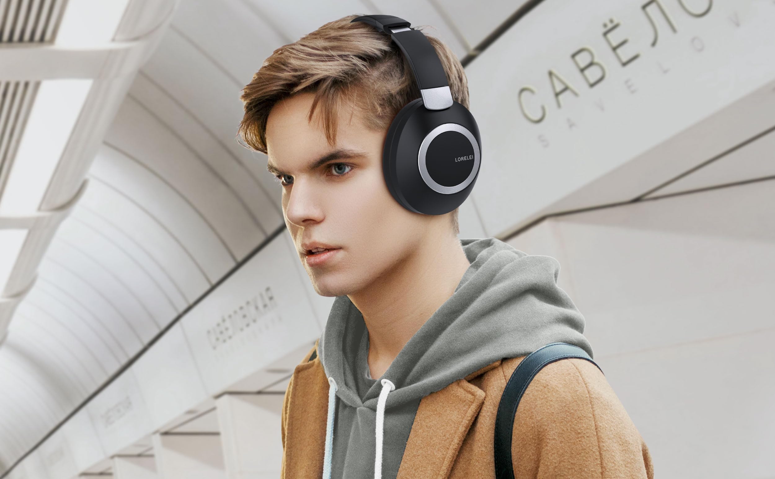 LORELEI B-C6 Casque sans fil supra-auriculaire, 50H Playtime Casque Bluetooth pliable et léger, basses profondes, microphone intégré, cache-oreilles en mousse à mémoire de forme, pour les voyages