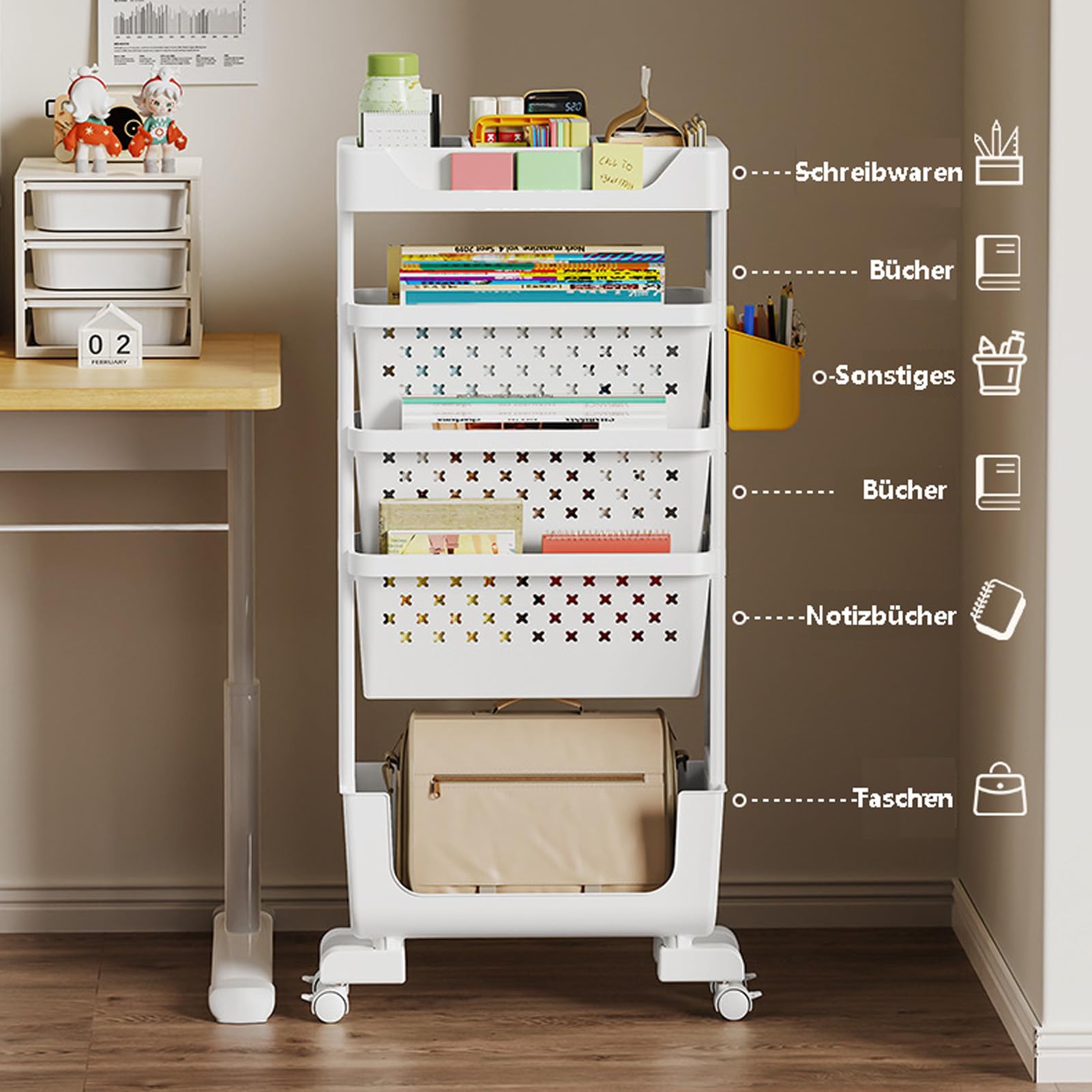 Estantería móvil para niños, carrito estrecho con ruedas para libros, carrito de manualidades de 5 niveles para ahorrar espacio, carrito rodante amarillo para escuela y sala de juegos