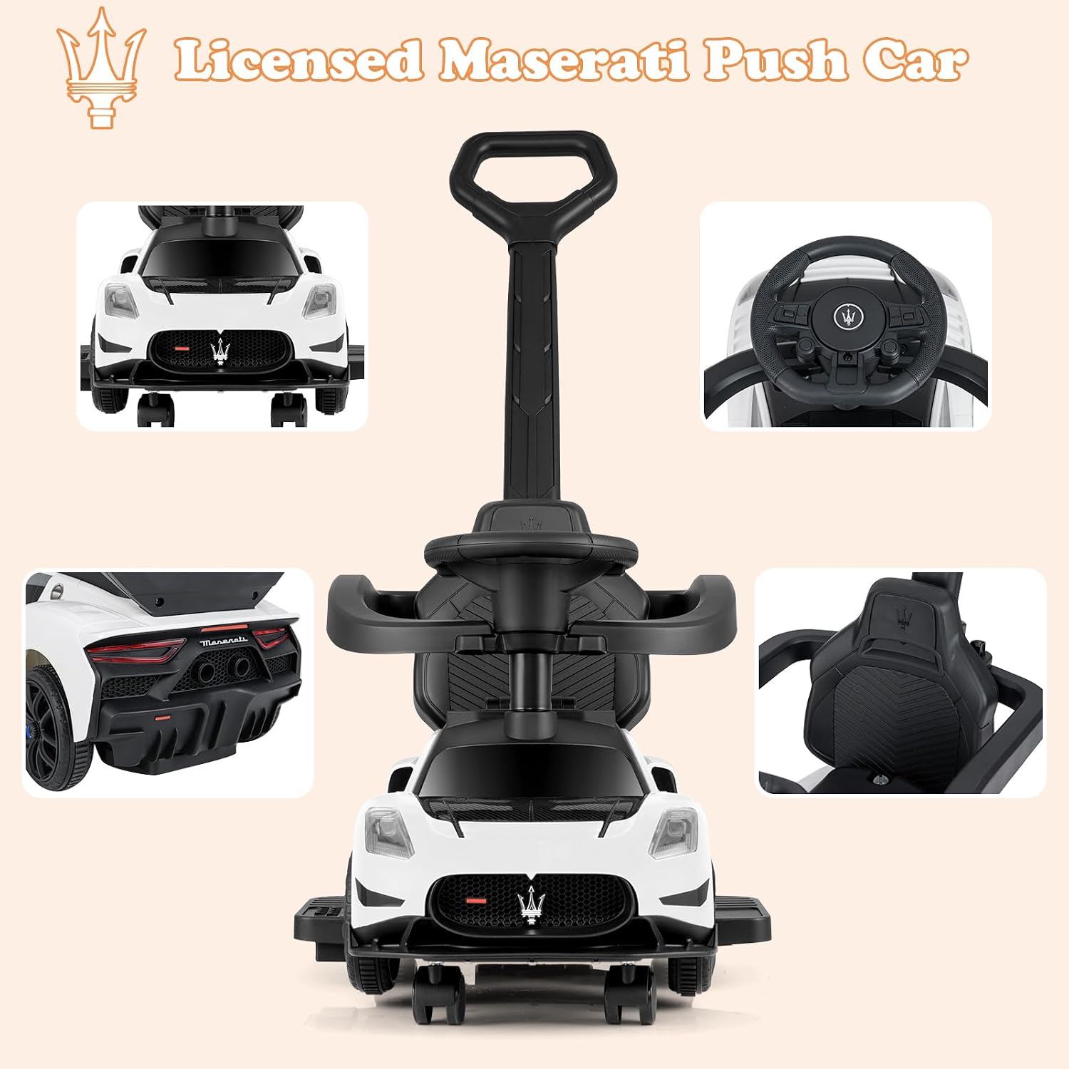 INFANS 3 in 1 Push Car for Toddlers, Licensed Maserati Baby Stroller Sliding Walking Car with Push Handle, Horn, Music, Underneath Storage, Foot-to-Floor Ride on Toys for Boys Girls (White)