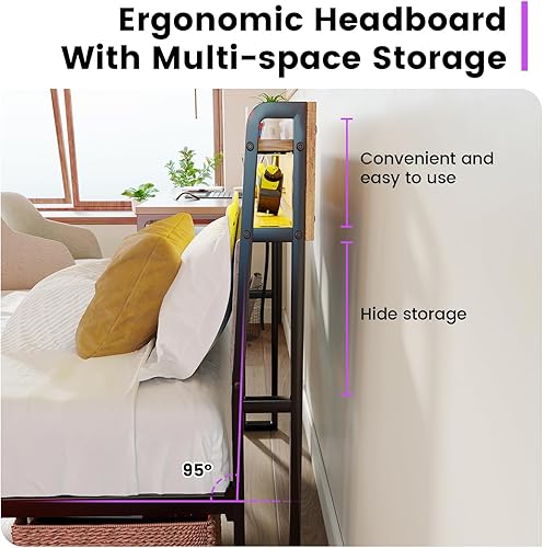 Miniatura 7 de Winkalon Base de cama LED individual con cabecero, base de cama con estación de carga, marco de cama de plataforma de metal, tamaño individual, no