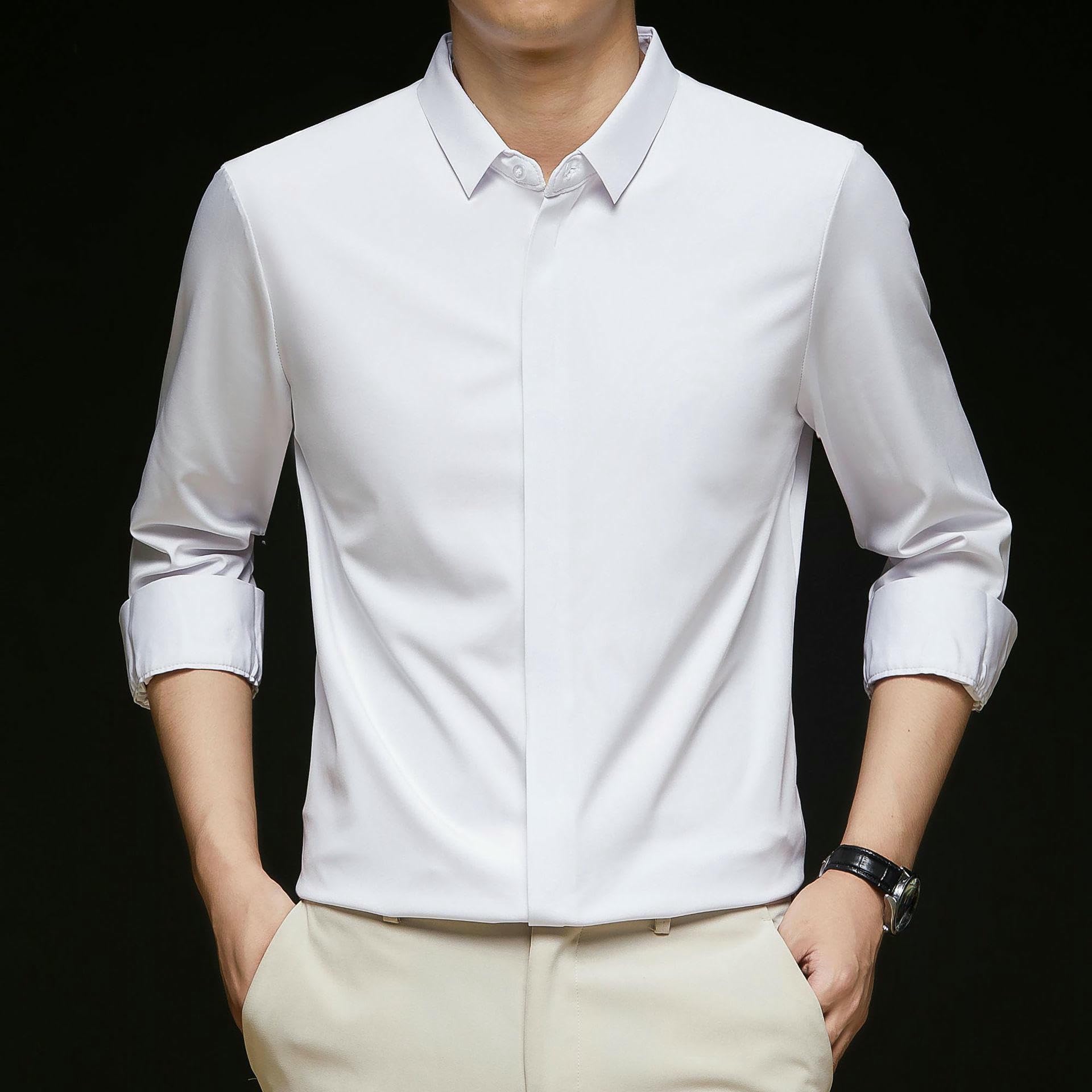 Camisa de manga larga para hombre, para primavera, otoño, color liso, con solapa, seda, sin costuras, informal, elástica, para hombre