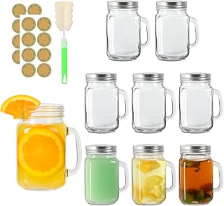 SZUAH Mason Jar with Handle, 9 Pack 16 oz Mason Jar Mugs, Drinking Jars, Glass Mason Jar Cups with Lids and Brush for Cocktails, Juice And Milk