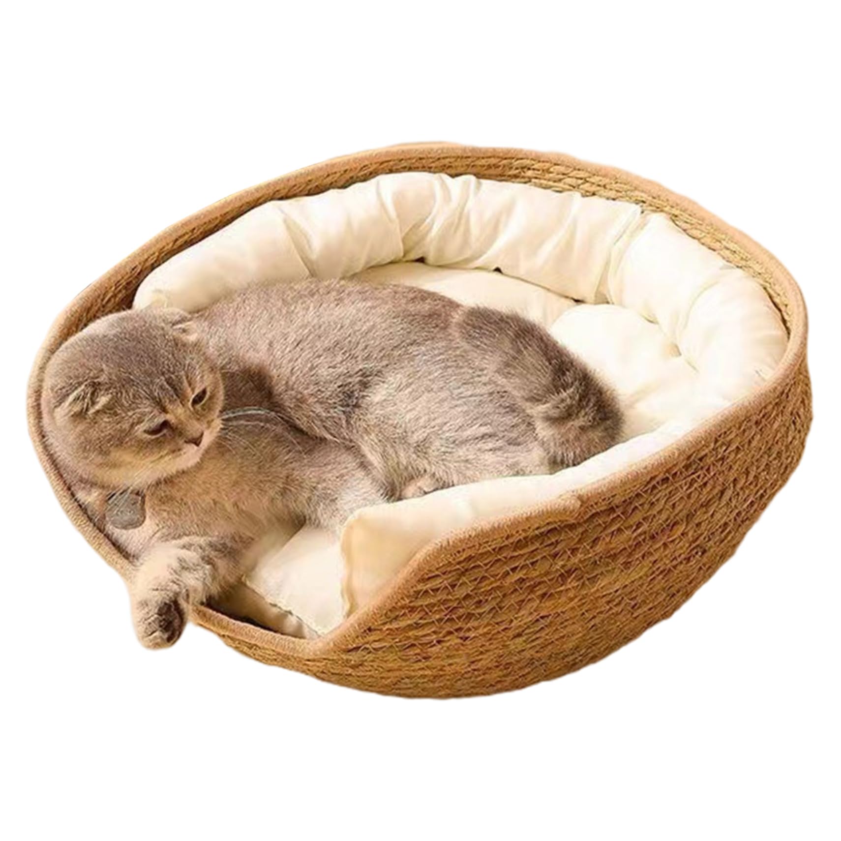 Cuccia per gatti Cuccia rotonda in rattan da 17 pollici con cuscino in cotone Nido per dormire lavabile antigraffio, Heimdekorationen