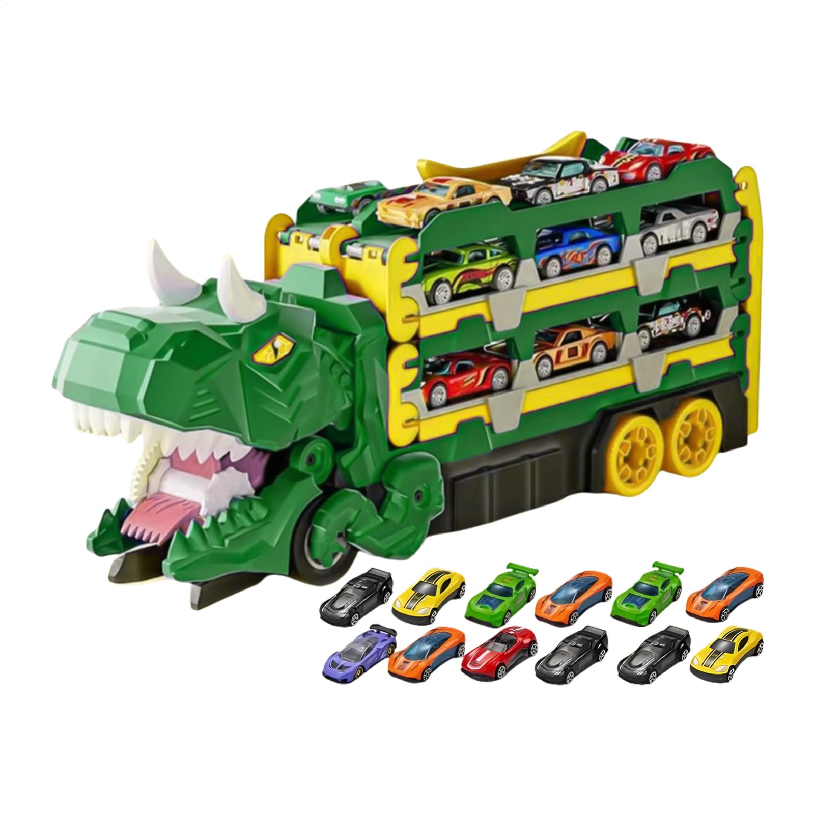 Dinosaur Truck Toy, Dinosaur Transport Truck Składana ciężarówka | Hauler Transform Race Track Pojazdów z 18 samochodami na urodziny