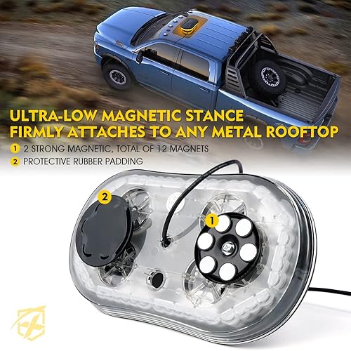 Miniatura 3 de Xprite Barra de luces estroboscópicas LED COB ámbar para techo, luz súper brillante de advertencia, 19 patrones intermitentes con base magnética