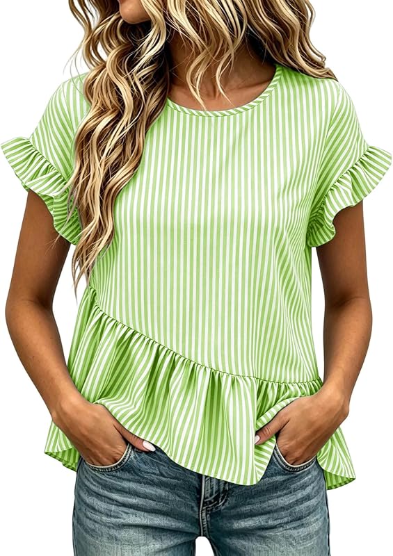 Women's Tops Trendy Striped Round Neck Layer Ruffle Short Sleeve Asymmetrical Hem Loose Lightweight Summer Outfit