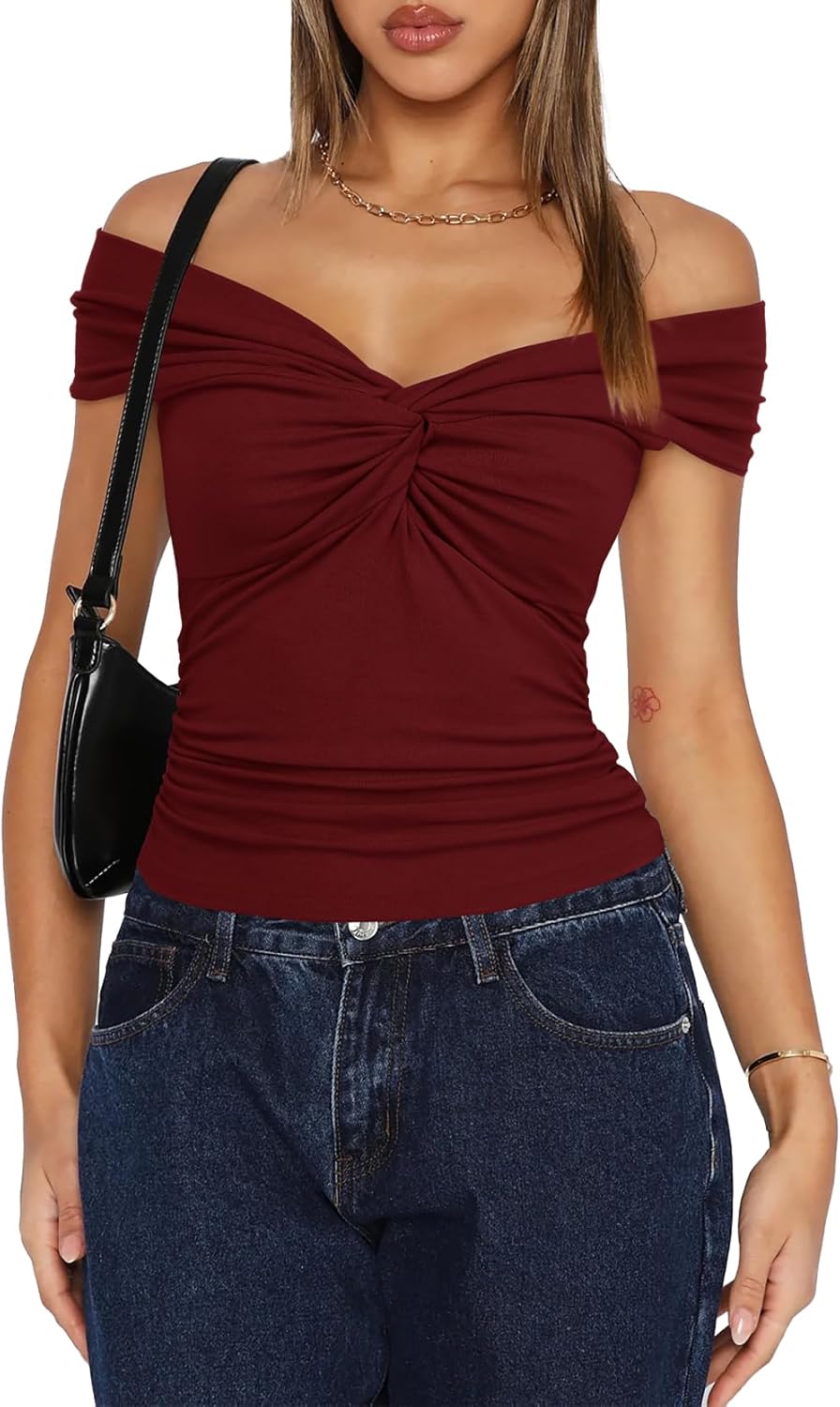 Darong Women Summer Twist Knot Front Off The Shoulder Tank Tops Cap Sleeve Going Out Shirts Slim Fitted Y2K Outfits - Image 5