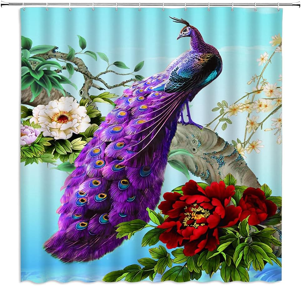 Peacock Shower Curtain Purple Peacock Feather Elegant Animal Magnolia Flower Vintage Oriental Watercolor Painting Fabric Bathroom Curtains Decor Set with Hooks(84" Wx70 H)