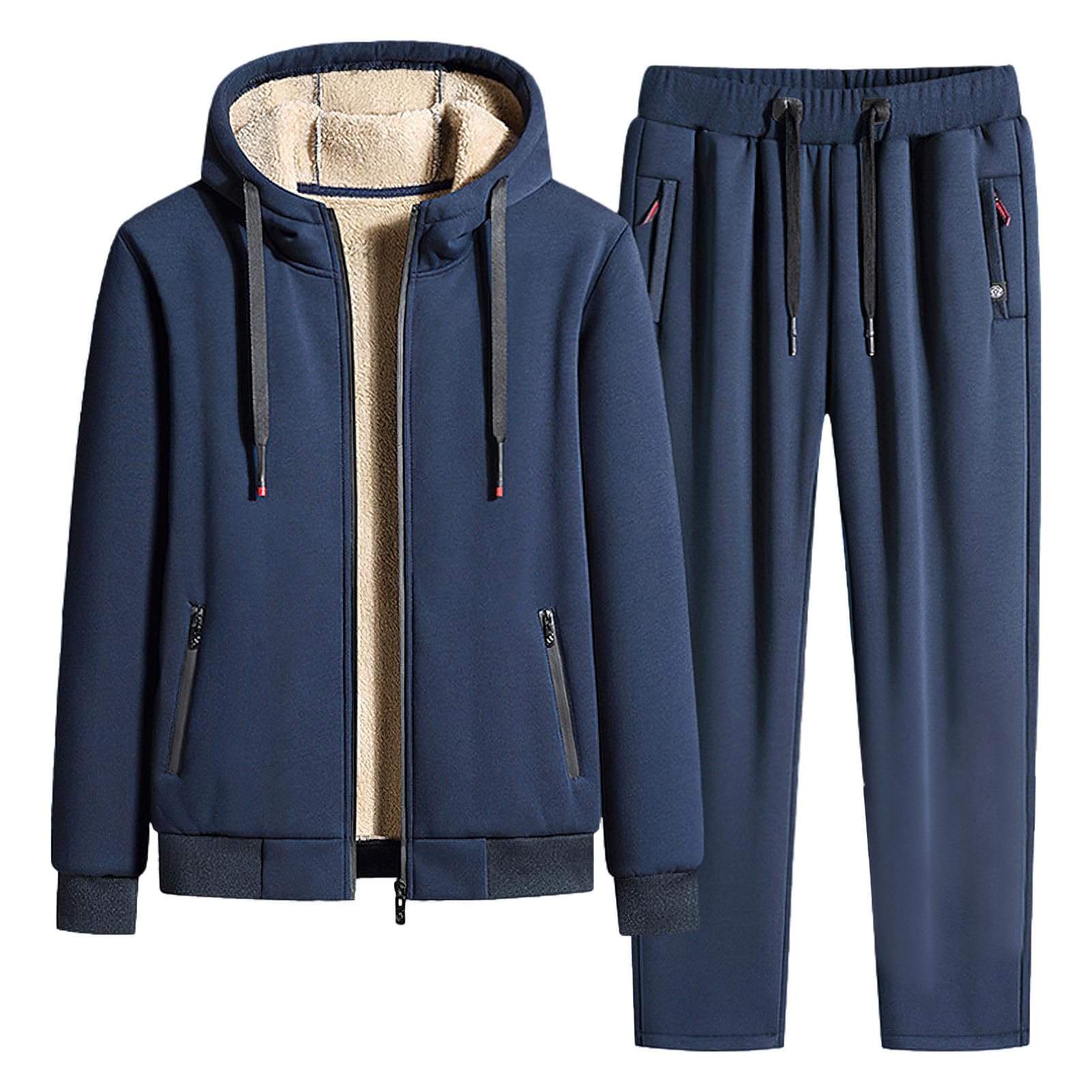 Uomo Inverno Tuta da Ginnastica in Cotone Foderata in Pile Giacca con Cappuccio e Pantaloni Sportivi con Tasche con Zip