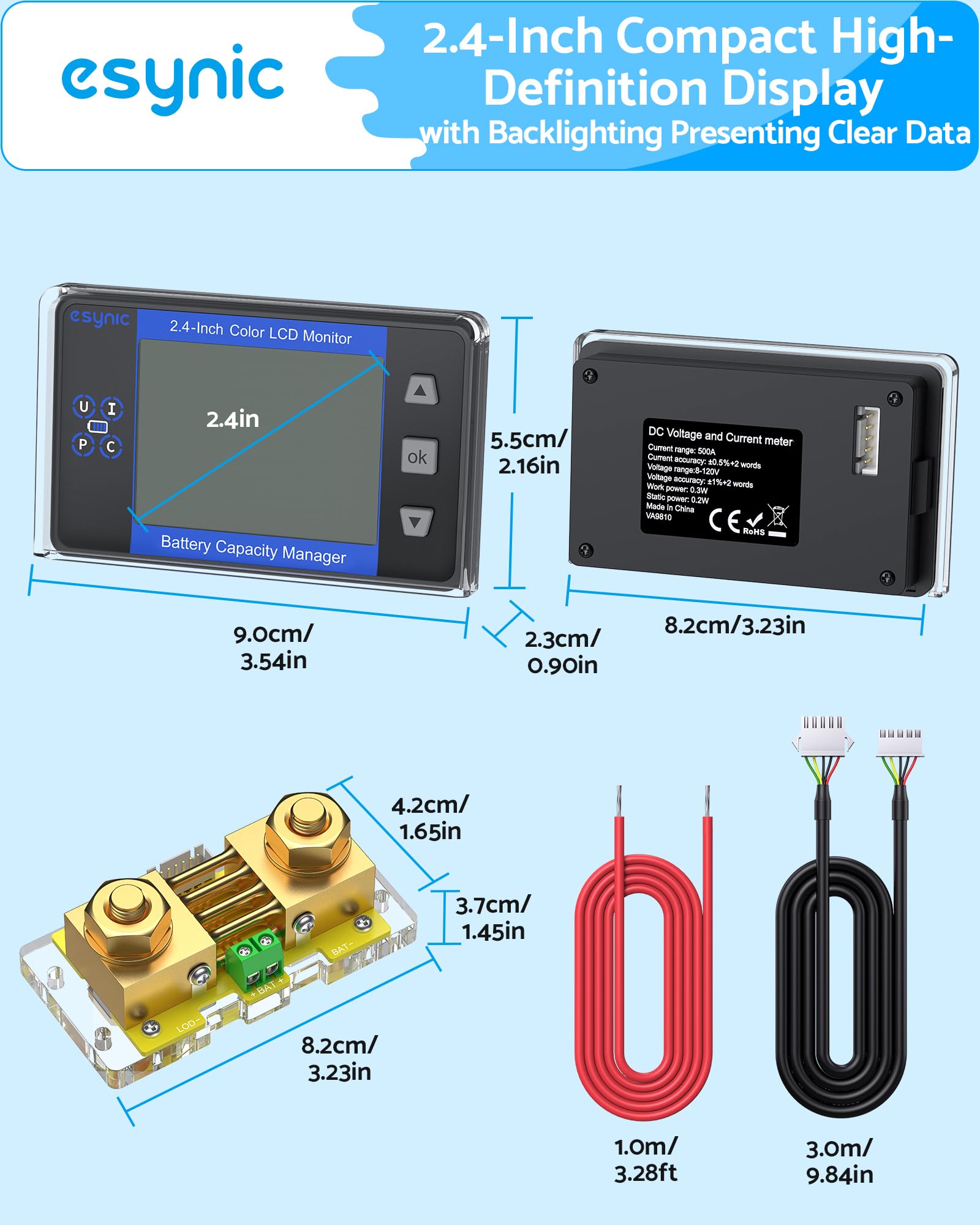 eSynic Monitor de batería profesional con rango de derivación de 10 V-120 V y hasta 500 A-2.4 pulgadas, pantalla LCD de retroiluminación a color para plomo ácido/LiFePO4/alarma de bajo voltaje, solo