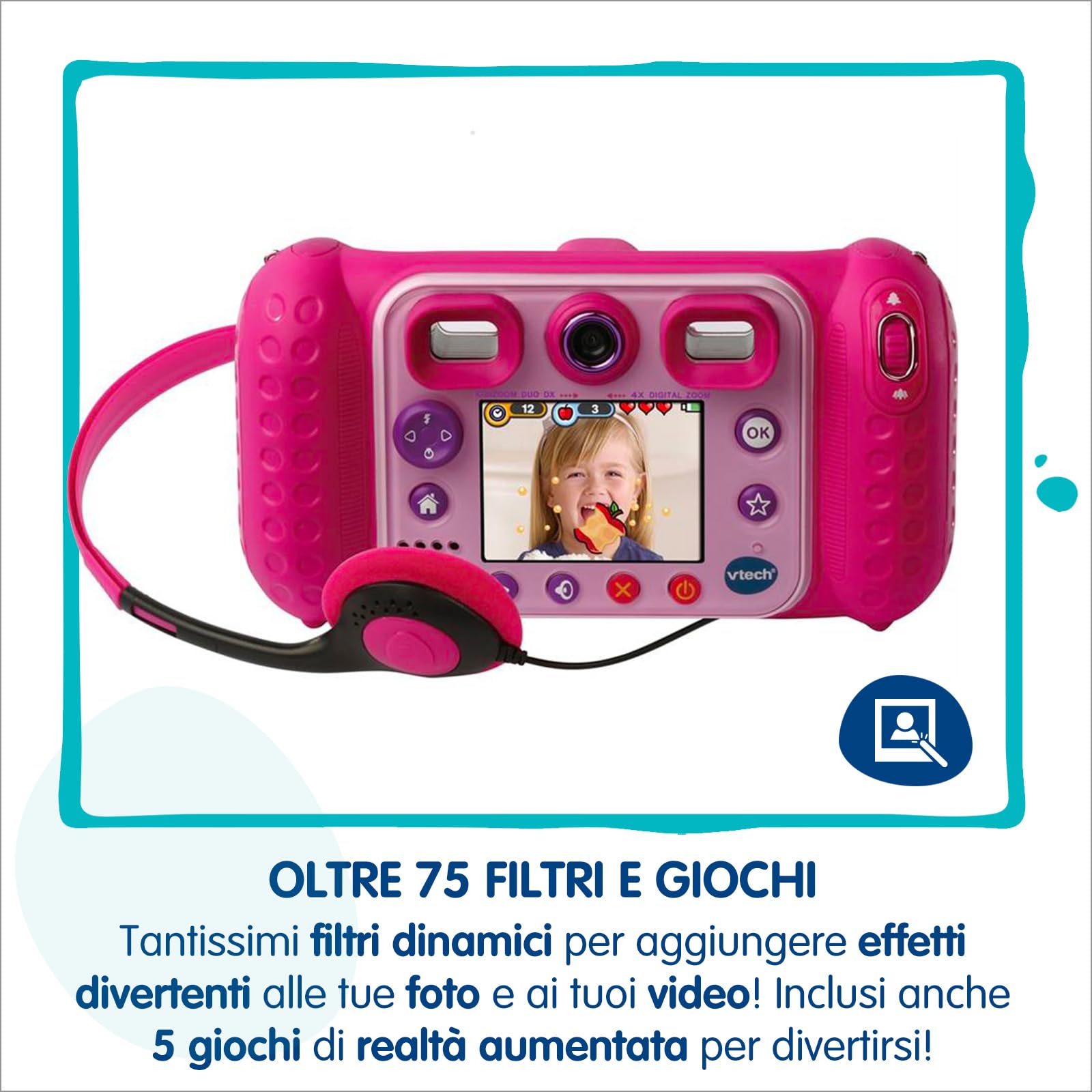 VTech Kidizoom Duo DX Blu, Macchina Fotografica per Bambini con +75 Filtri, Foto e Video, Doppia Fotocamera Anteriore e Posteriore, Scocca Antiurto, Lingua Italiana, Batterie Incluse, 3-12 Anni