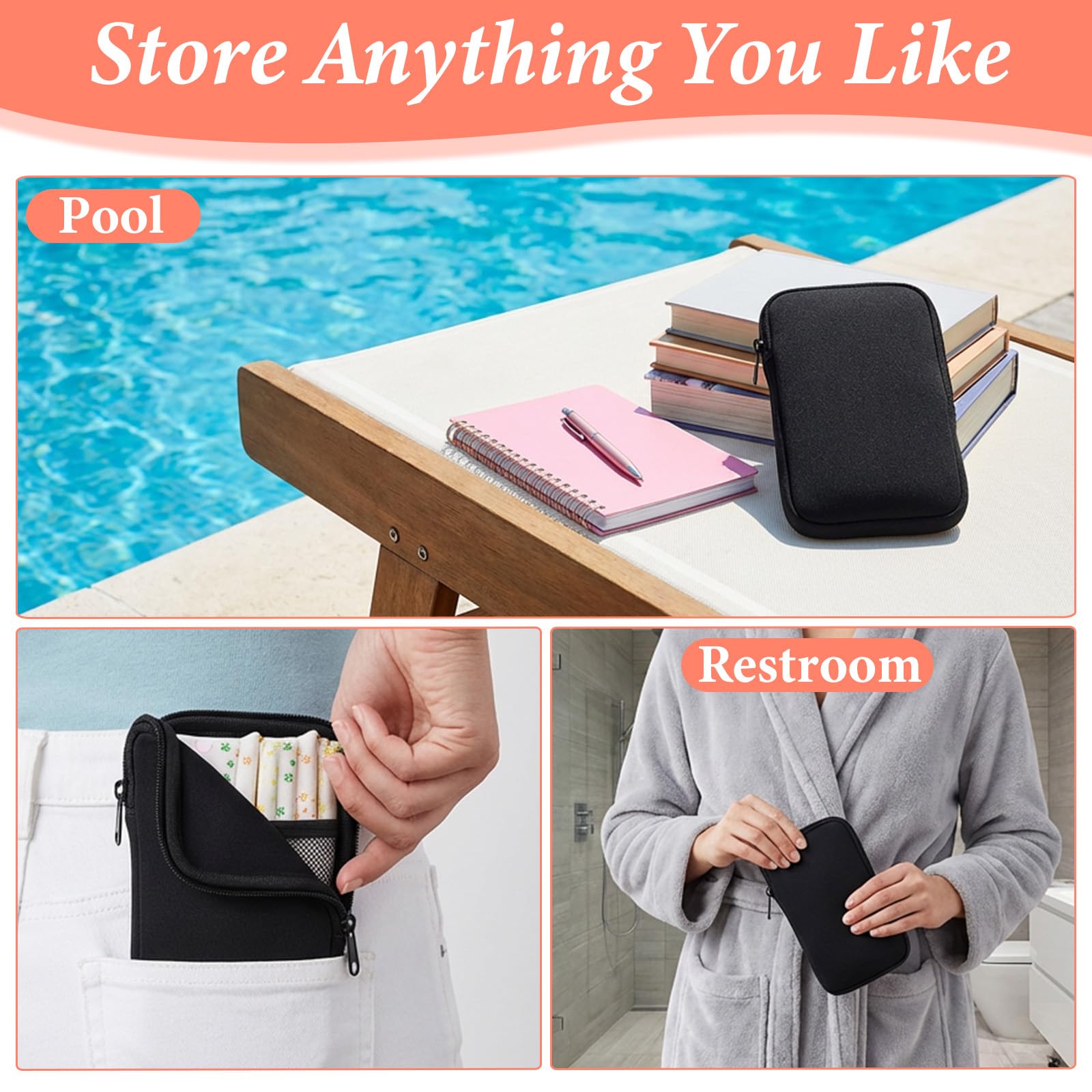 1 Pc Tampon Pouch, Portable Tampon Holder for Purse, Neoprene Tampon Bag with Strap, Travel Friendly Discreet Period Bag for Feminine Products, Waterproof Pad Bag, Black (Bag Only)