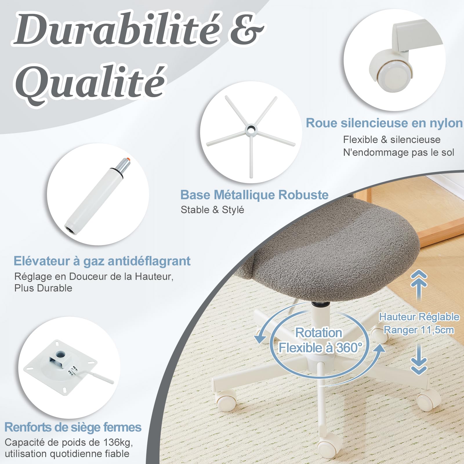 Bonnlo Chaise de Bureau Mignonne sans Accoudoirs, Petite Chaise Confortable, Fauteuil de Coiffeuse avec Support Lombaire, Chaise Pivotante Réglable pour Bureau, Chambre, en Teddy (Gris)