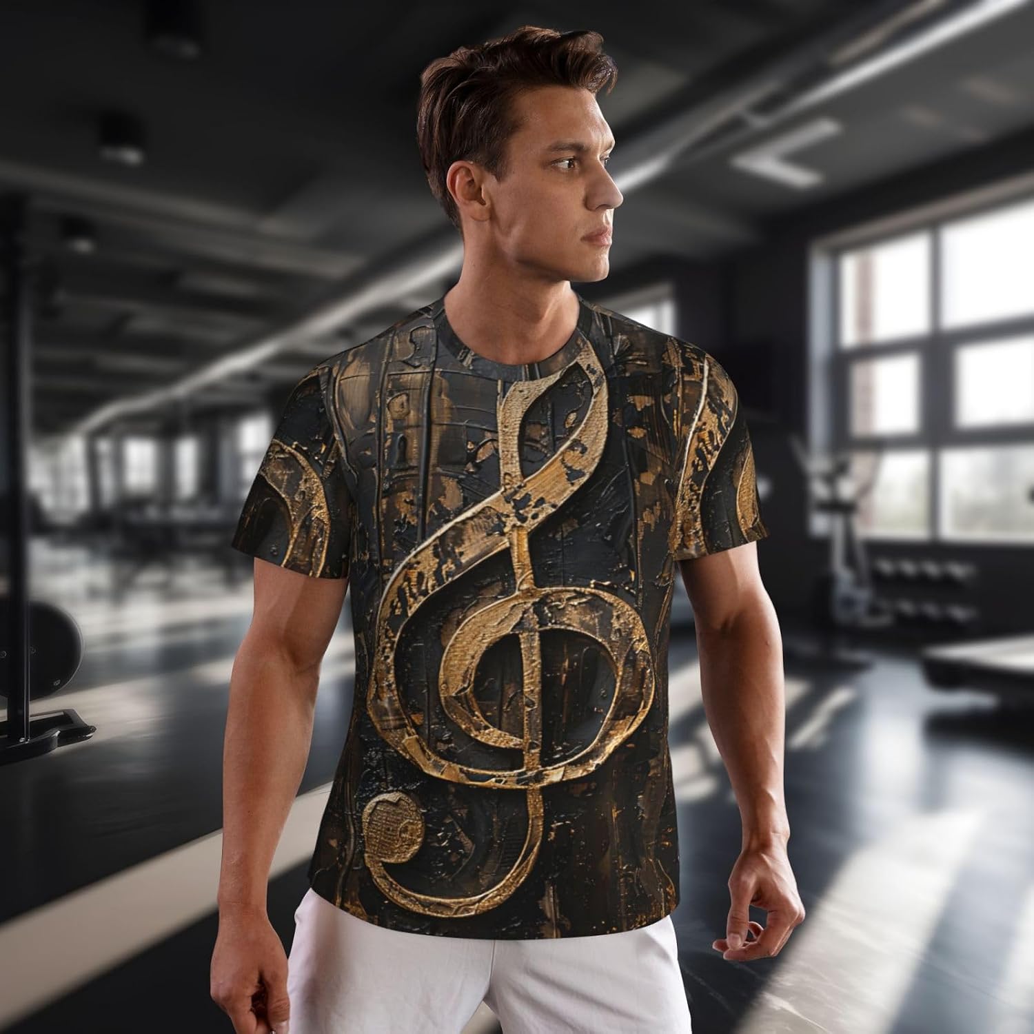 Music Symbol Print Mens Short Sleeve Mesh T-Shirt Breathable Athletic Gym Running Casual Sports Wear