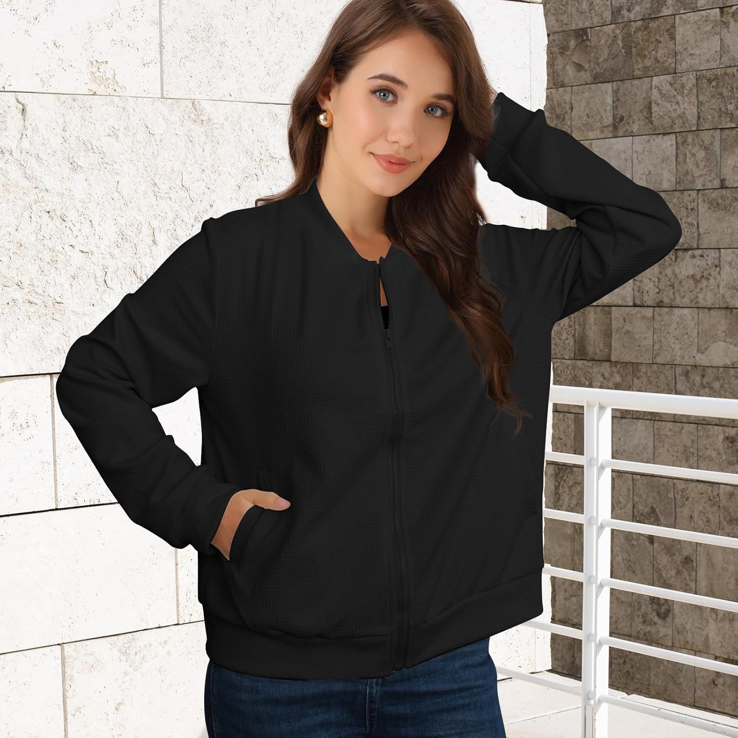 Brebebe Womens Zip Up Casual Jackets Bomber Jacket - Image 2