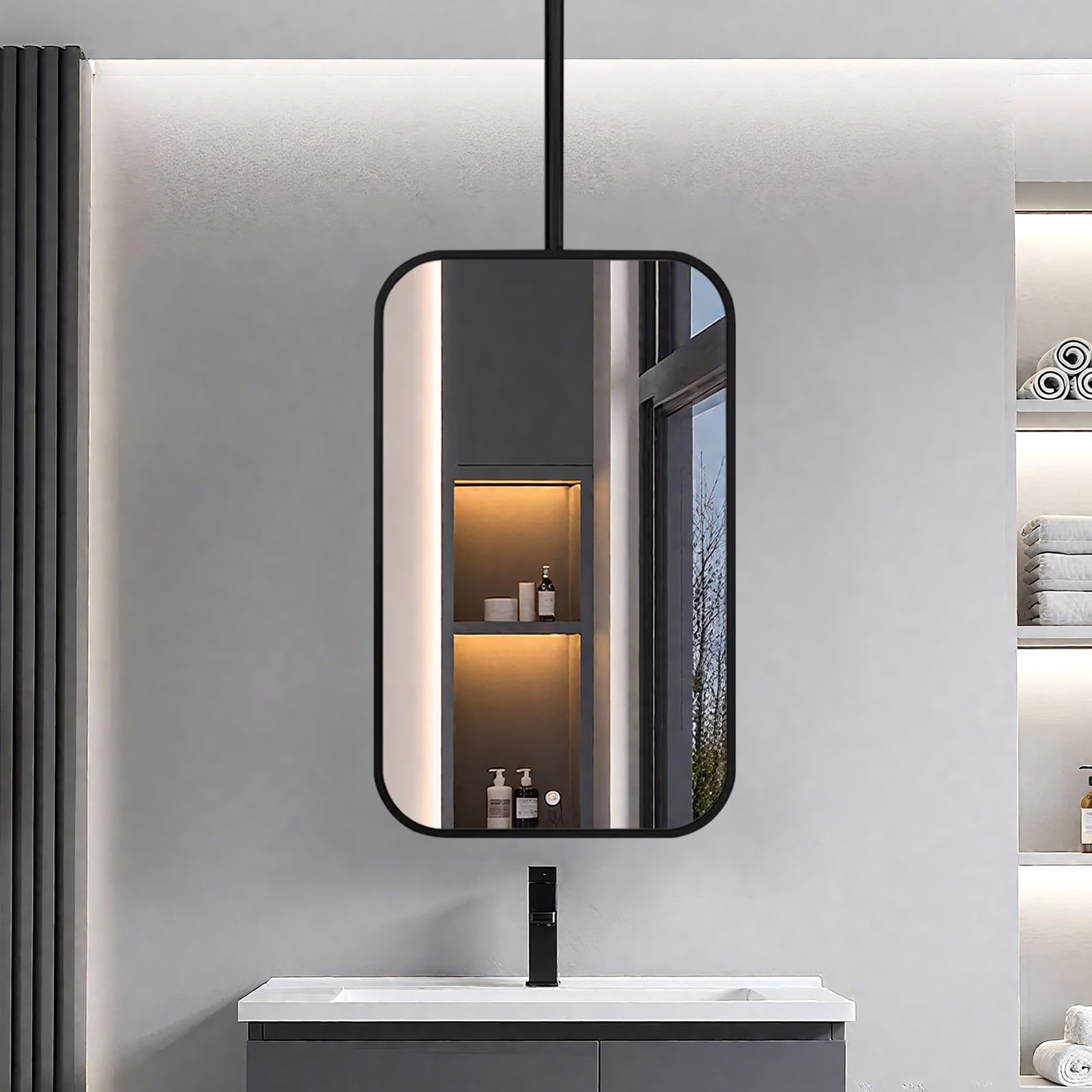 Miroir rectangulaire à fixer au plafond suspendu en métal noir pour maquillage et salle d'eau