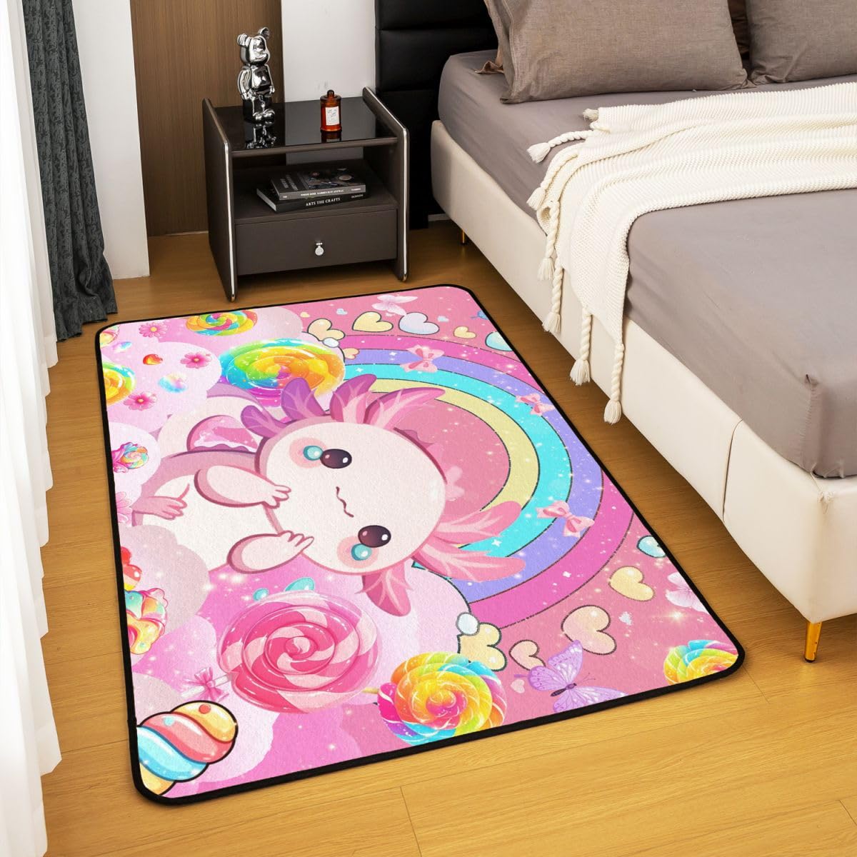 Ładny dywan do salonu, 100 x 150 cm, kawaii, motyw salamandry, różowy, do sypialni, dla dzieci, nastolatków, tęcza, lizaki kwiatowe, słodycze, do wnętrz, mata do dekoracji domu