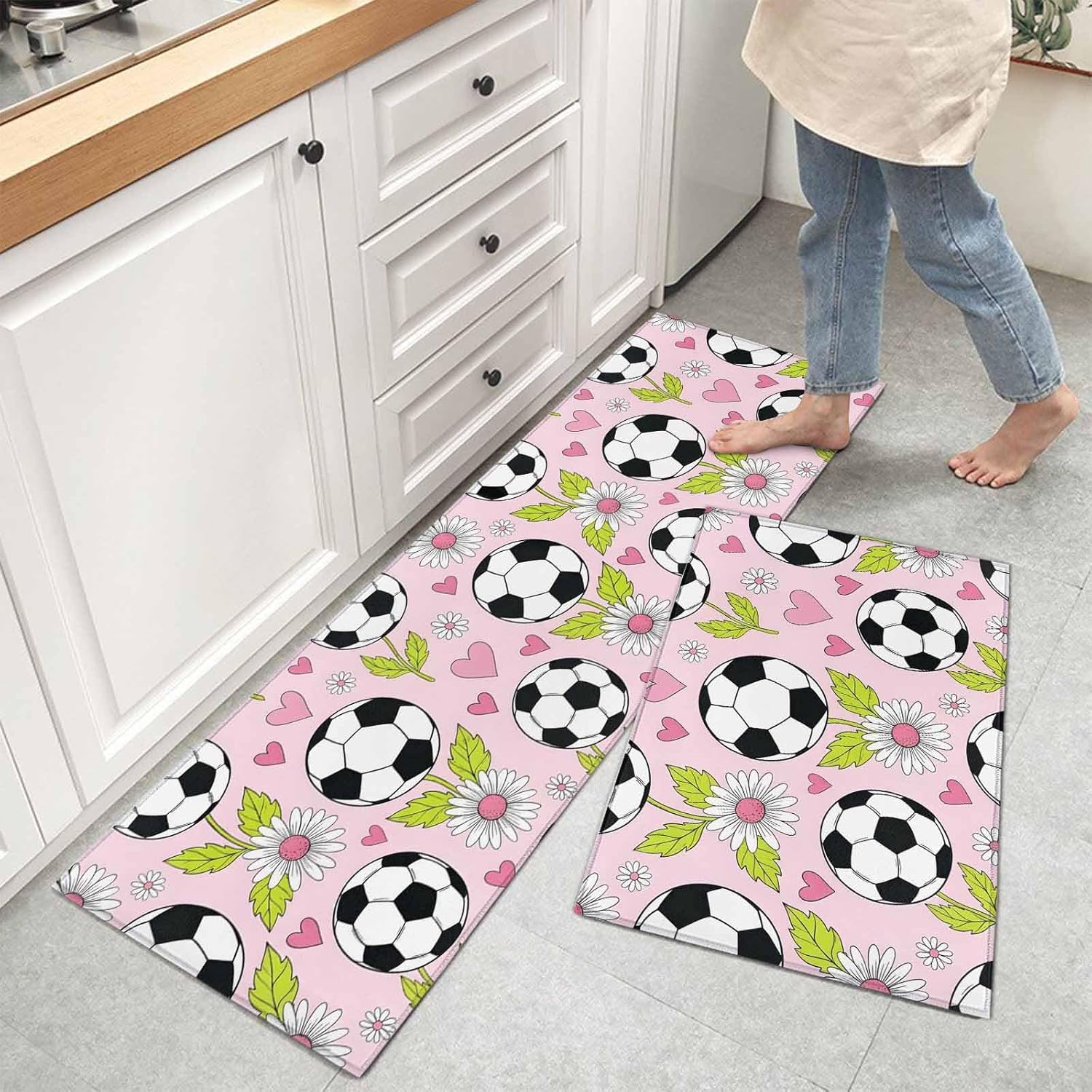 Teamery Kitchen Mats for Floor Football Daisy Flower Leaf Washable Non Slip Kitchen Rugs 2PCS, Pink Love Heart Sports Theme Absorbent Standing Mats for Sink Office Living Room 15.7x23.6in+15.7x47.2in
