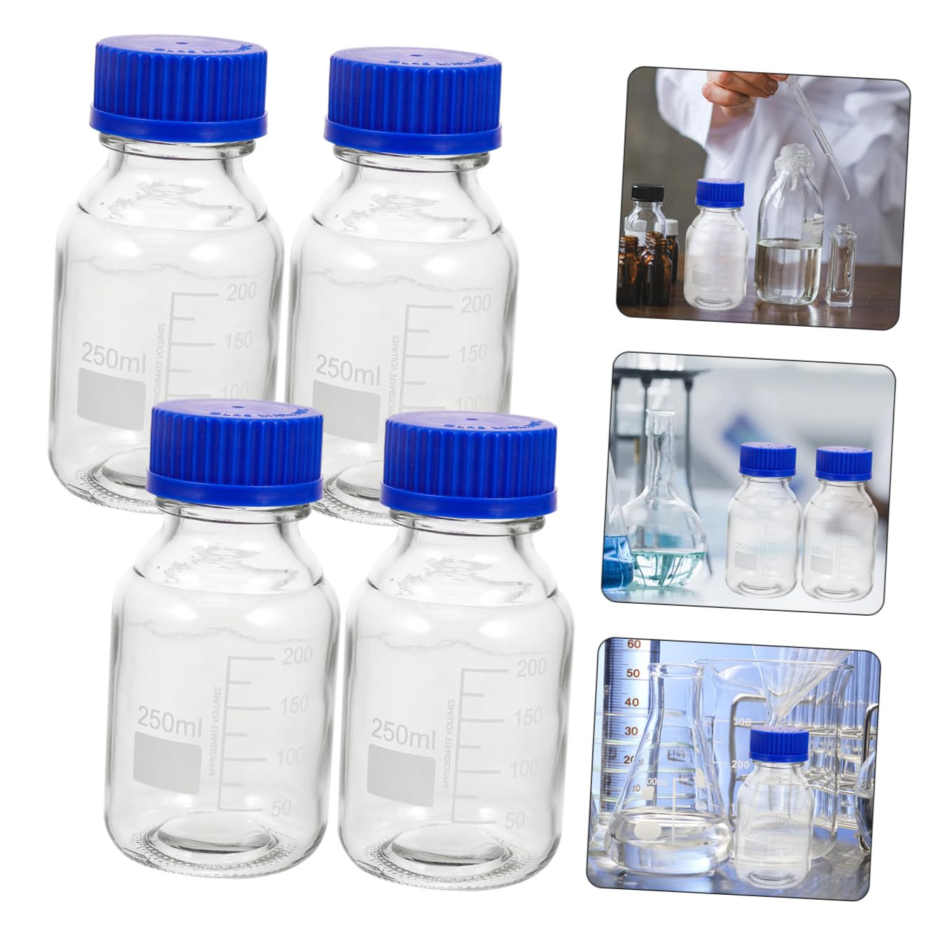 Set da 4 Bottiglie di Vetro per Reagenti con Tappi a Vite Blu, Capacità 250ml, Leggere e Lavabili, per Applicazioni in Laboratorio e Istituti Chimici