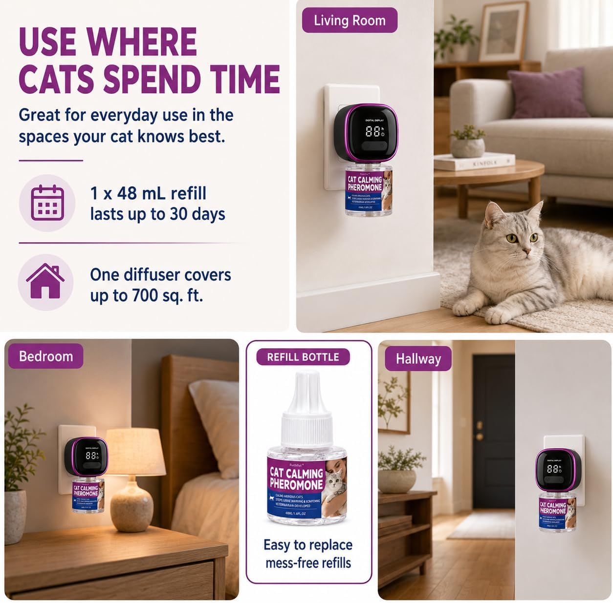 Timer Display Cat Calming Pheromone Diffuser, Daily Auto-On | 1 Diffusers 3 Refills, 4/8/12/24-Hour Timer, Helps Reduce Anxiety, Scratching, Spraying & Urine Marking, Odorless Formula