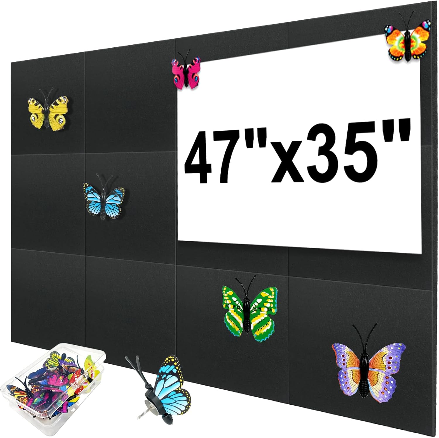12Pcs of 11 x 11 Inch, Cork Board Large 47 x 35 Inch, Bulletin Boards Removable Adhesive Tapes, Pin Board, Felt Board Alternative, 12pcs Butterfly Pushpins Thumb Tacks for Office/Home - Black