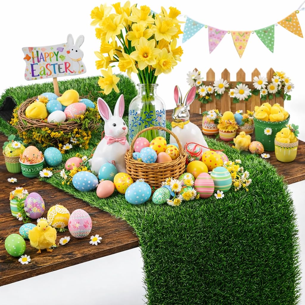 Easter Green Artificial Grass Table Runner for Easter Decorations - Fake Grass Model Crafts for Football Happy Birthday Party Jungle Safari Minecraft Theme Table Centrepiece, 30.5cm x 91.44cm