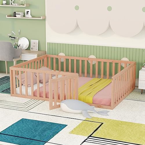 Miniatura 24 de P PURLOVE Cama de suelo de madera tamaño Queen, marco de cama con barandilla en forma de valla y puerta que se puede cerrar para niños y niñas,