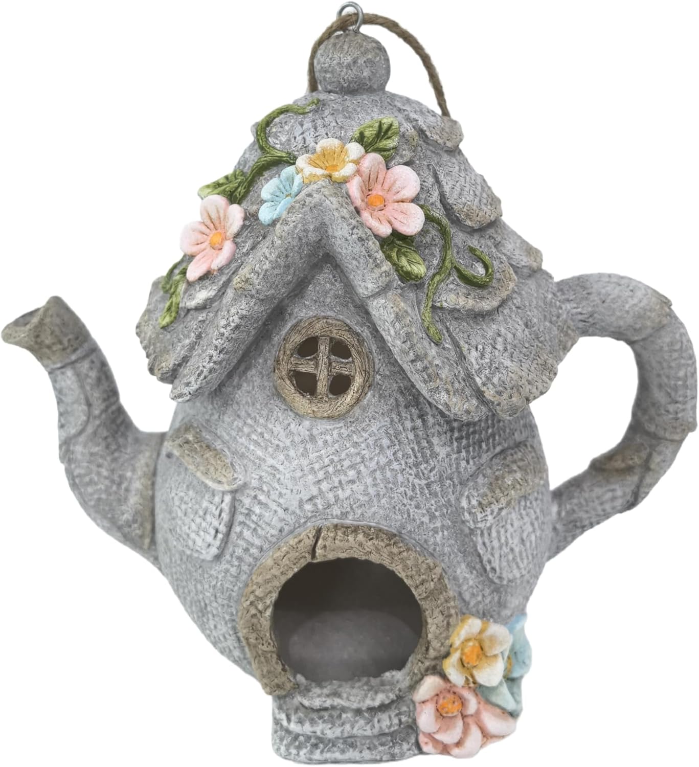 Resin Decorative Teapot Garden Fairy Cottage Solar-Powered, Grey Stone with Pink Flowers, Indoor/Outdoor Decoration, Dimensions 9.25 x 5.82 x 8.26 inches (Denim Colour)