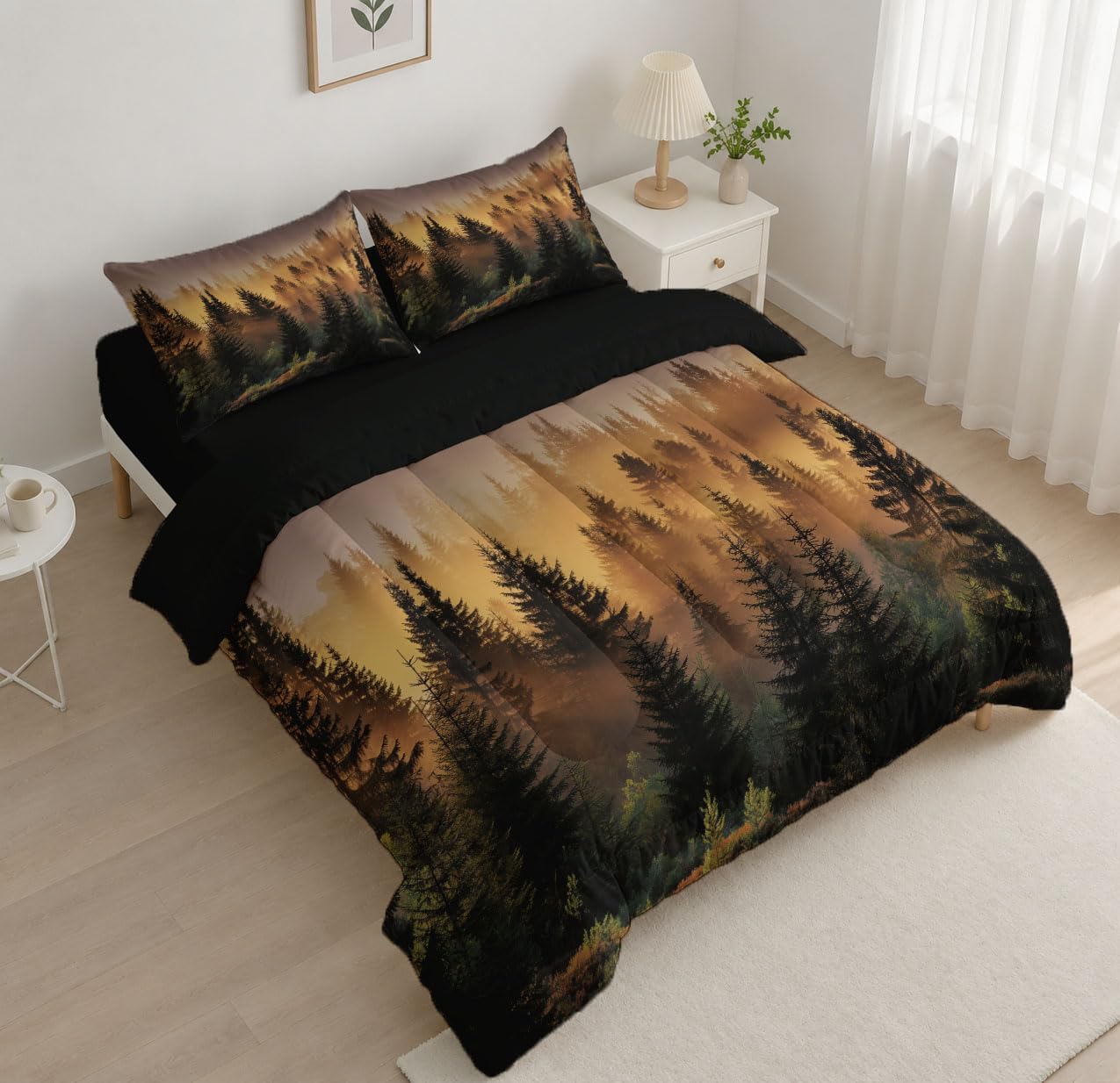 3 Piece Quilts King Size Bedding Set, Earthy Brown Lightweight Bedspread, Soft Microfiber, Misty Pine Forest Pattern for All Season Bed Coverlet with 2 Pillow Shams, 104"X90"
