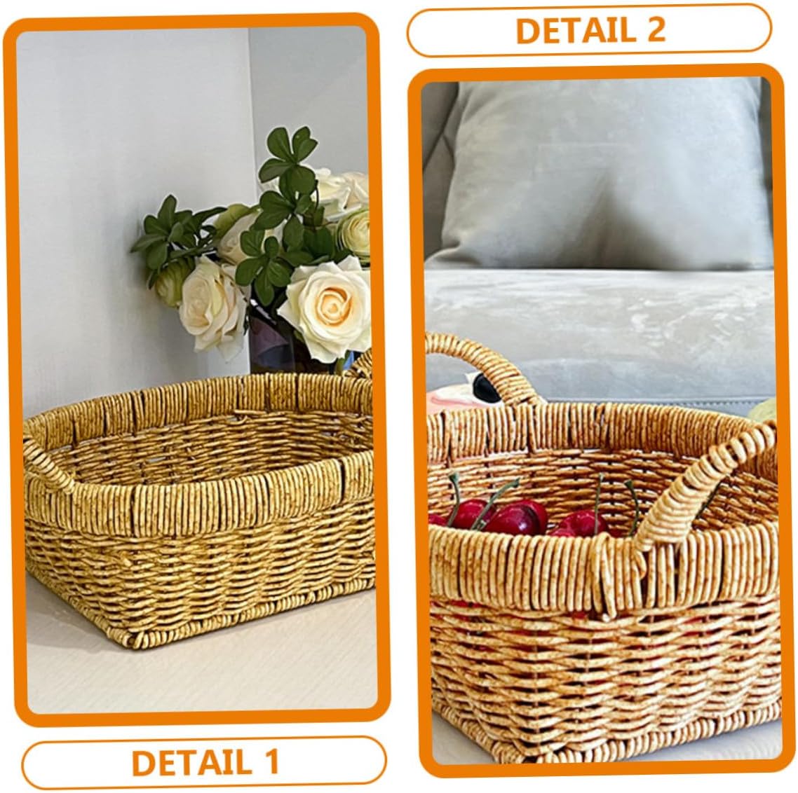 Rustic Woven Bread Basket with Double Handles Handmade Simulation Rattan Storage Tray for Fruit and Sundries Organization Decorative Serving Basket for Home and Restaurant Use
