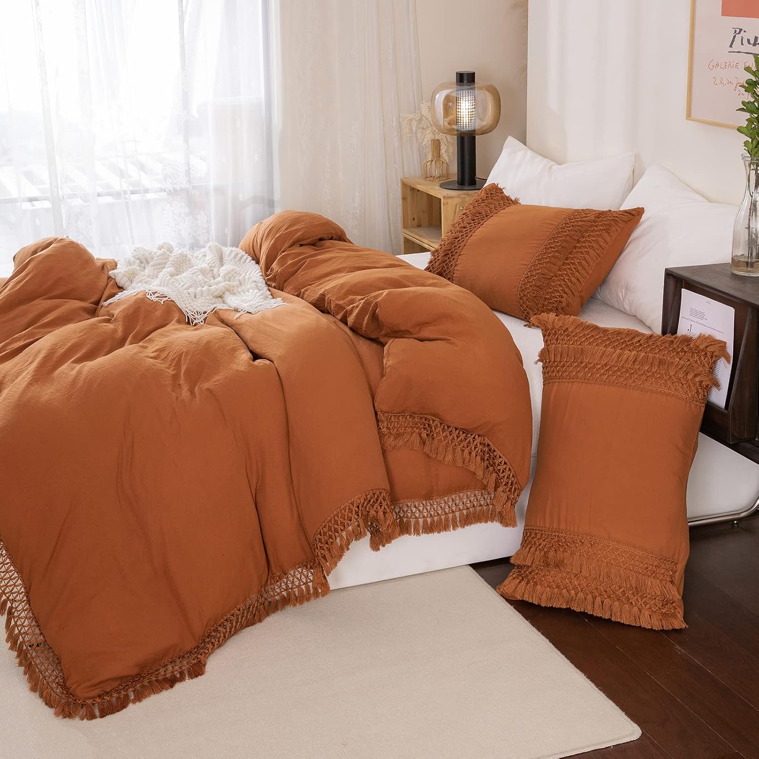 Rust Tassel Pillowcases, Burnt Orange Boho Pillow Cases Set of 2, 100% Washed Microfiber, Boho Hand-Made Tassel Pillow Cover, 2 Pack (Queen, Rust Tassel)
