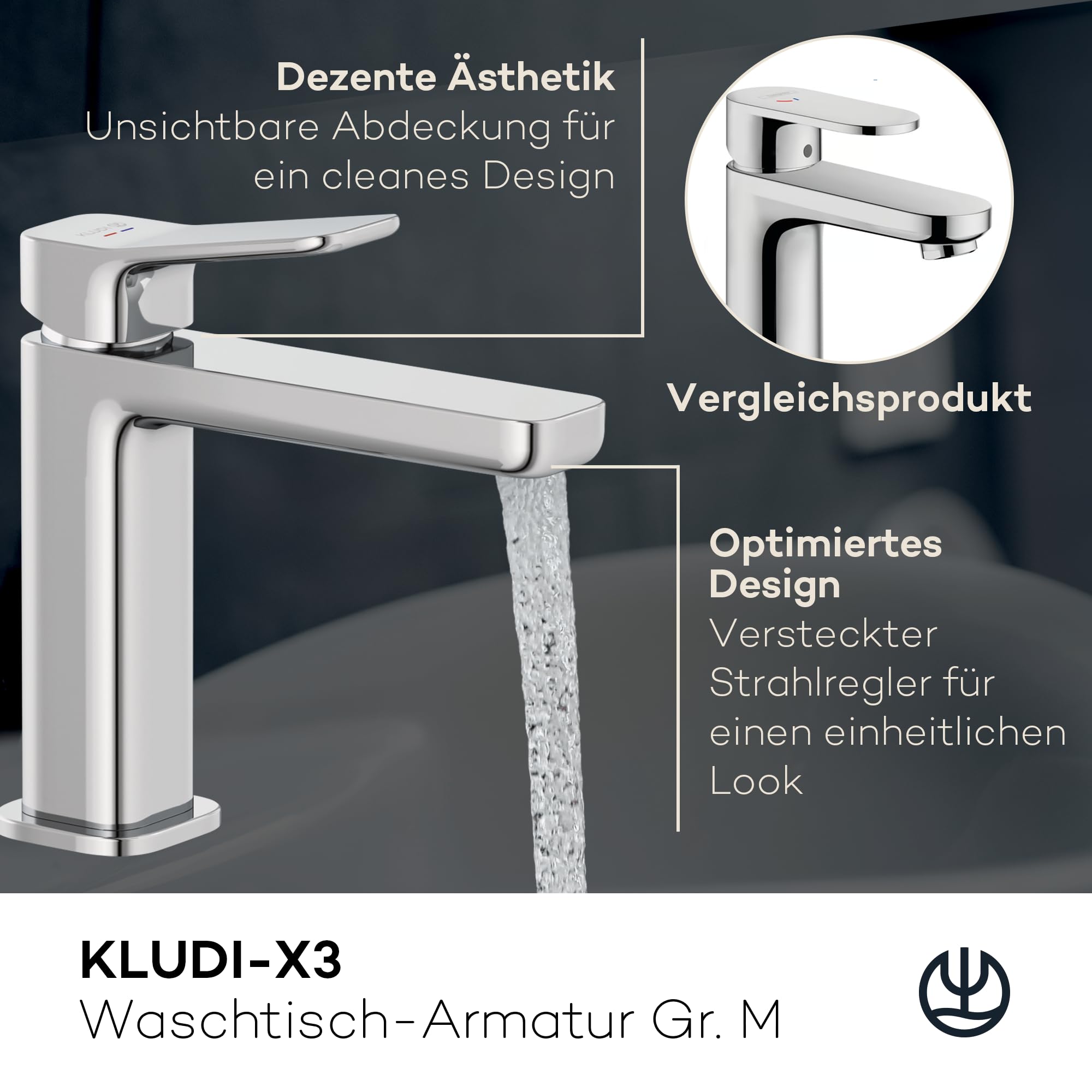 KLUDI-X3 Waschtischarmatur mit Push-Open Ablaufgarnitur, Auslaufhöhe 110 mm, wassersparender Wasserhahn Bad Größe M, Keramikkartusche, Mischbatterie Waschbecken inkl. Anschlussschläuche in Chrom