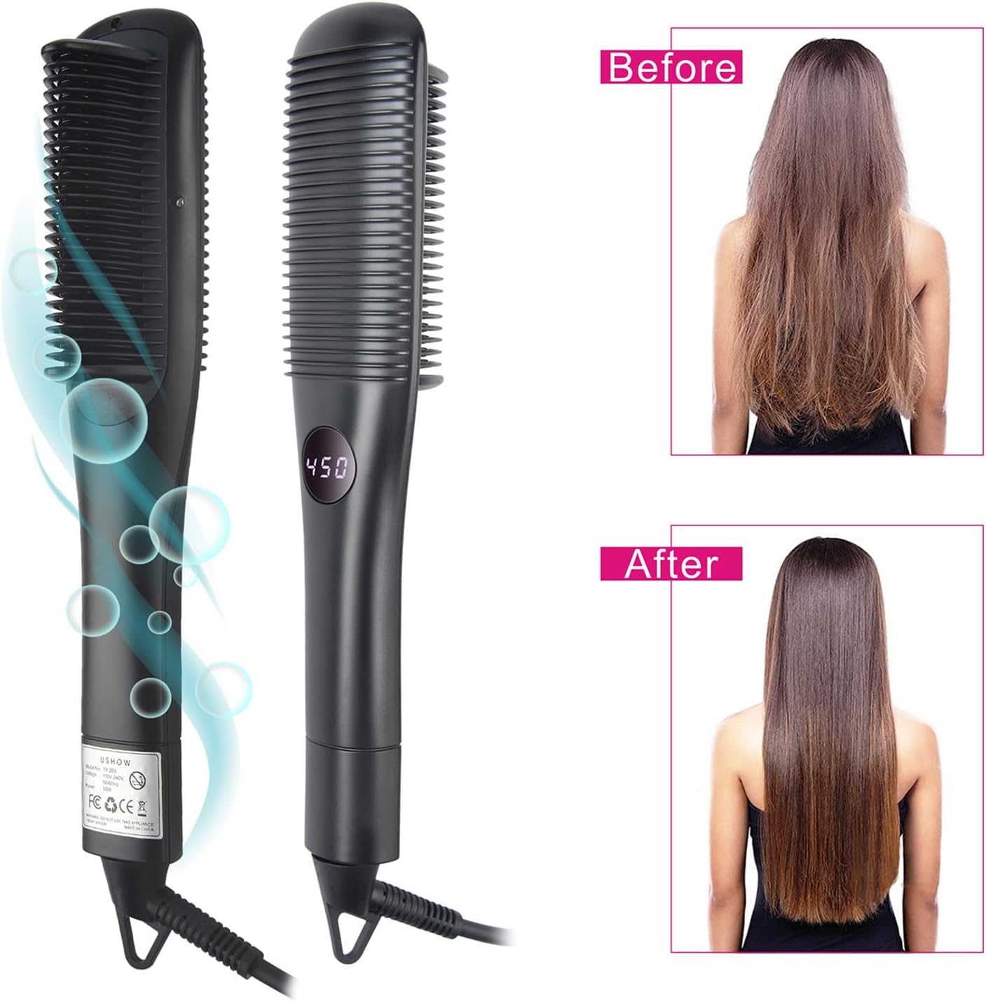 Hair Straightener Brush,Ionic Hot Comb for Women with 20s Fast Heating, Anti-Scald & Dual Voltage,Straightening Brush for Curly & Frizzy Hair (Black, Medium) - Image 3