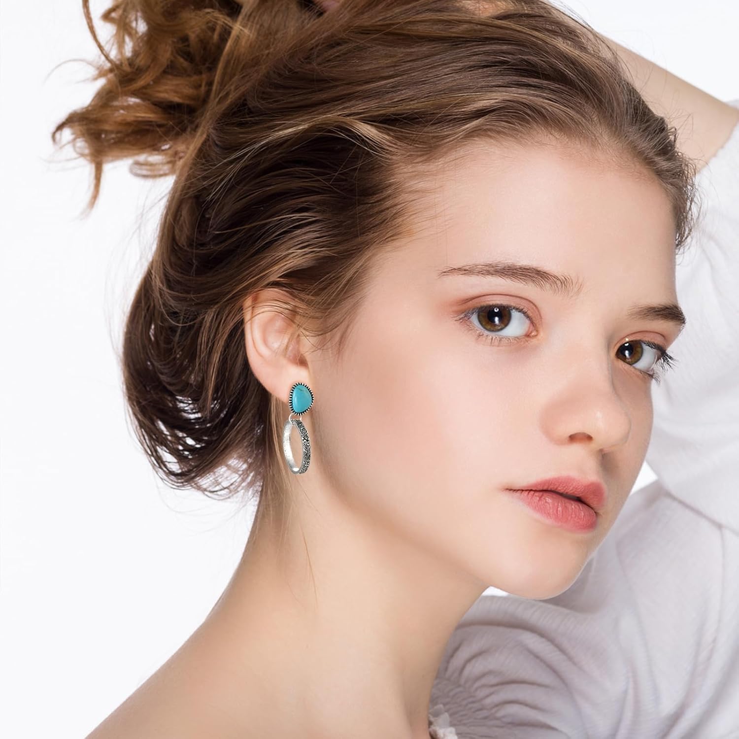 Silver Turquoise Dangle Earrings for Women with Big Triangle Turquoise Studs and Silver Chunky Hoop Drop Boho Style for Western Jewelry - Image 2