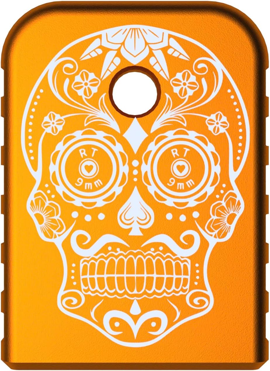 Magazine Base Plate for Glock Gen 1-5 - Copper (Straight Serrations) Rowe Sugar Skull Graphic - Fits 9mm .40 Cal .357 Sig 45 Gap