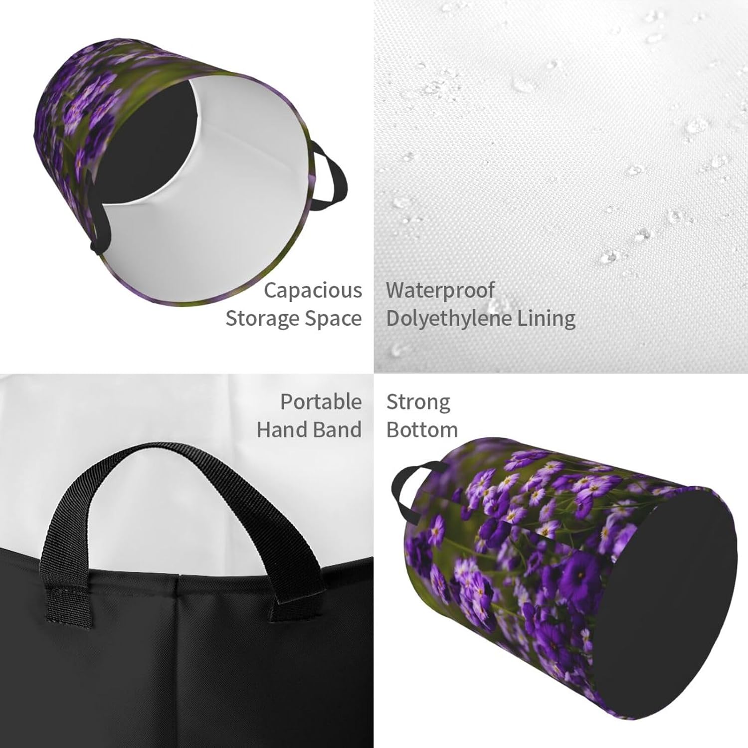 Many Purple Flowers Print Circular Protable Storage Bin,Basket For Laundry Hamper With Handles Bedroom Clothes