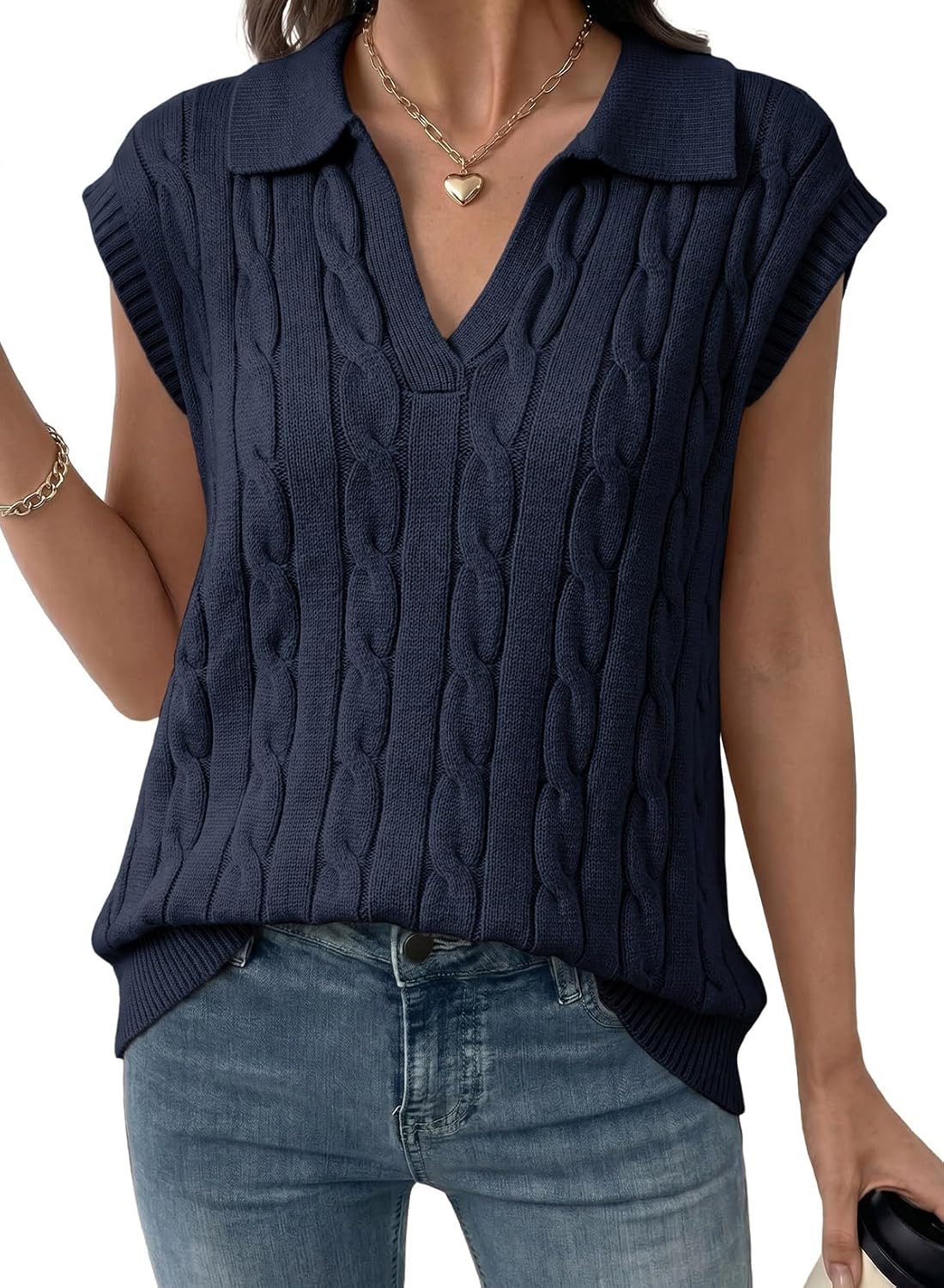 Dokotoo V-Neck Lapel Collar Cable Knit Vest Top for Women - Spring Outfits 2025