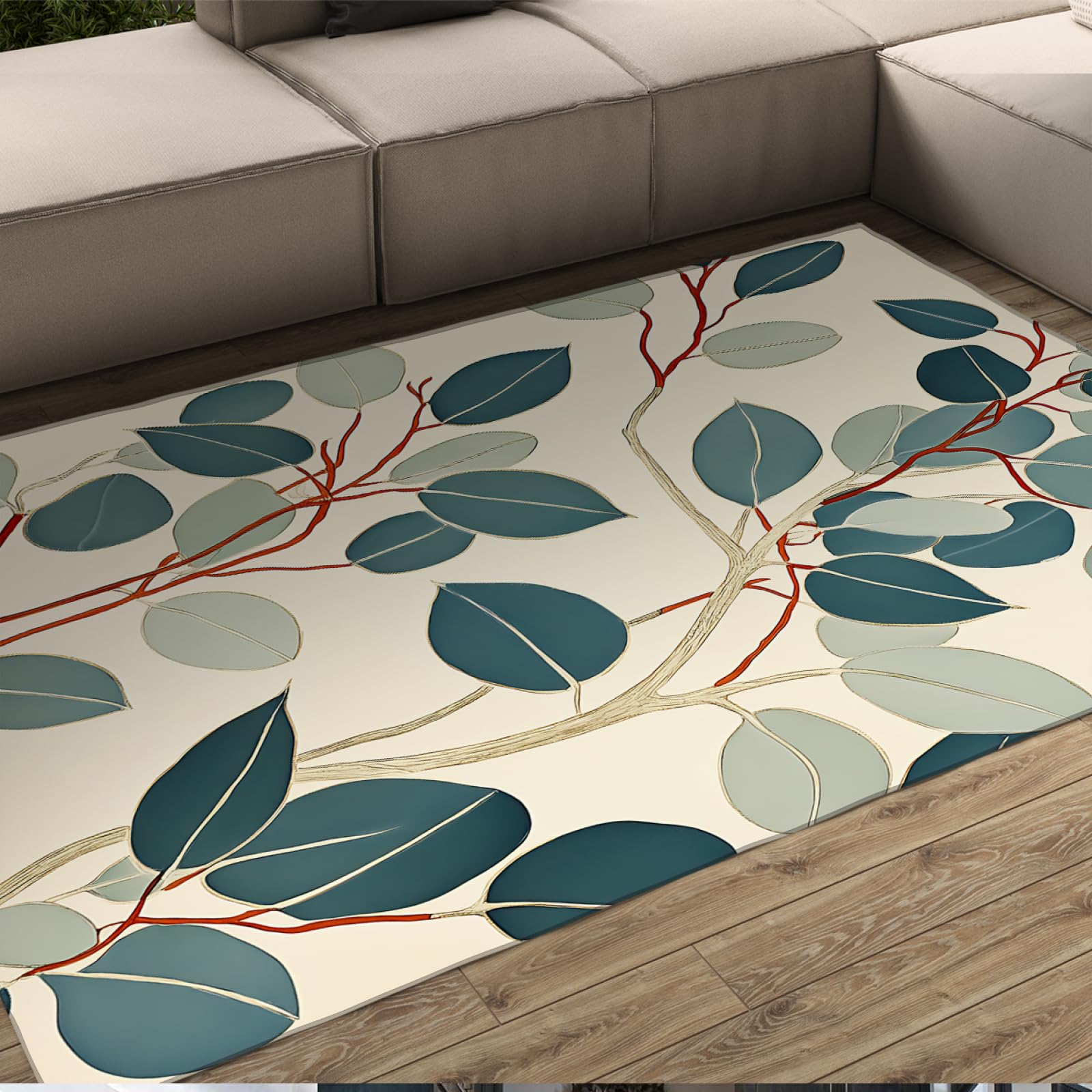 Tapis boho feuilles d'eucalyptus pour canapé de salon chaleureux