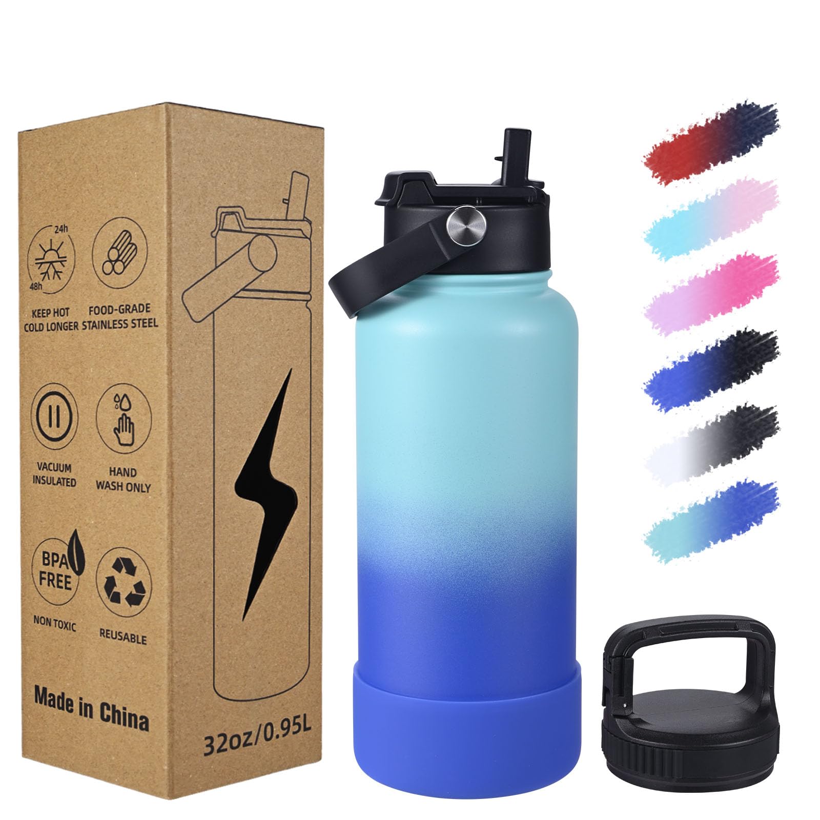 ColorSub 32oz Insulated Water Bottle with 2 Lids (Straw Chug and Handle Lid), Stainless Steel BPA Free Wide Mouth Sports Water Cup Flask, Kids Water